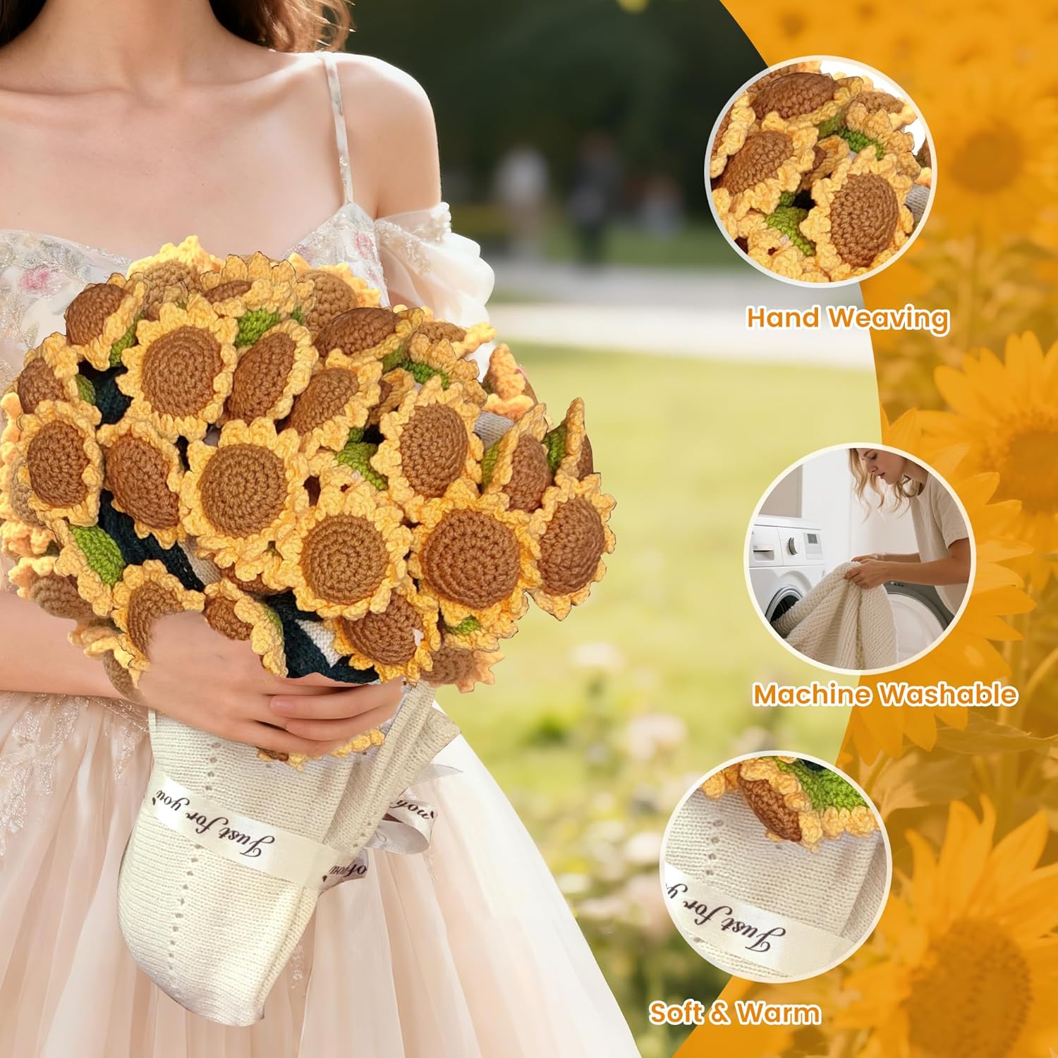 Finished Flower Bouquet Blanket, Handmade Crochet Flower Blanket, Soft Knitted Throw Rose Blankets, Romantic Gift for Birthday Wedding Valentine’s Day Mother's Day Christmas (Sunflower, 59 inch)