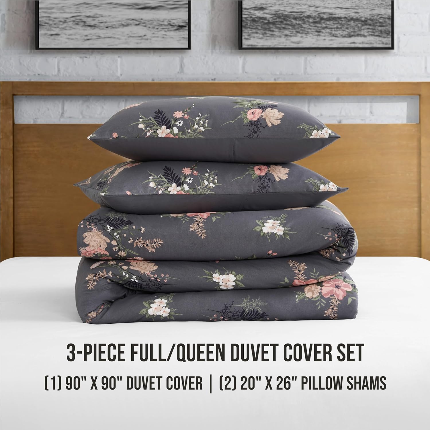 Lucky Brand Cali Bouquet Floral Dark Grey Duvet Cover Set - Full/Queen Size - 3 Piece Luxurious Bedding Ensemble