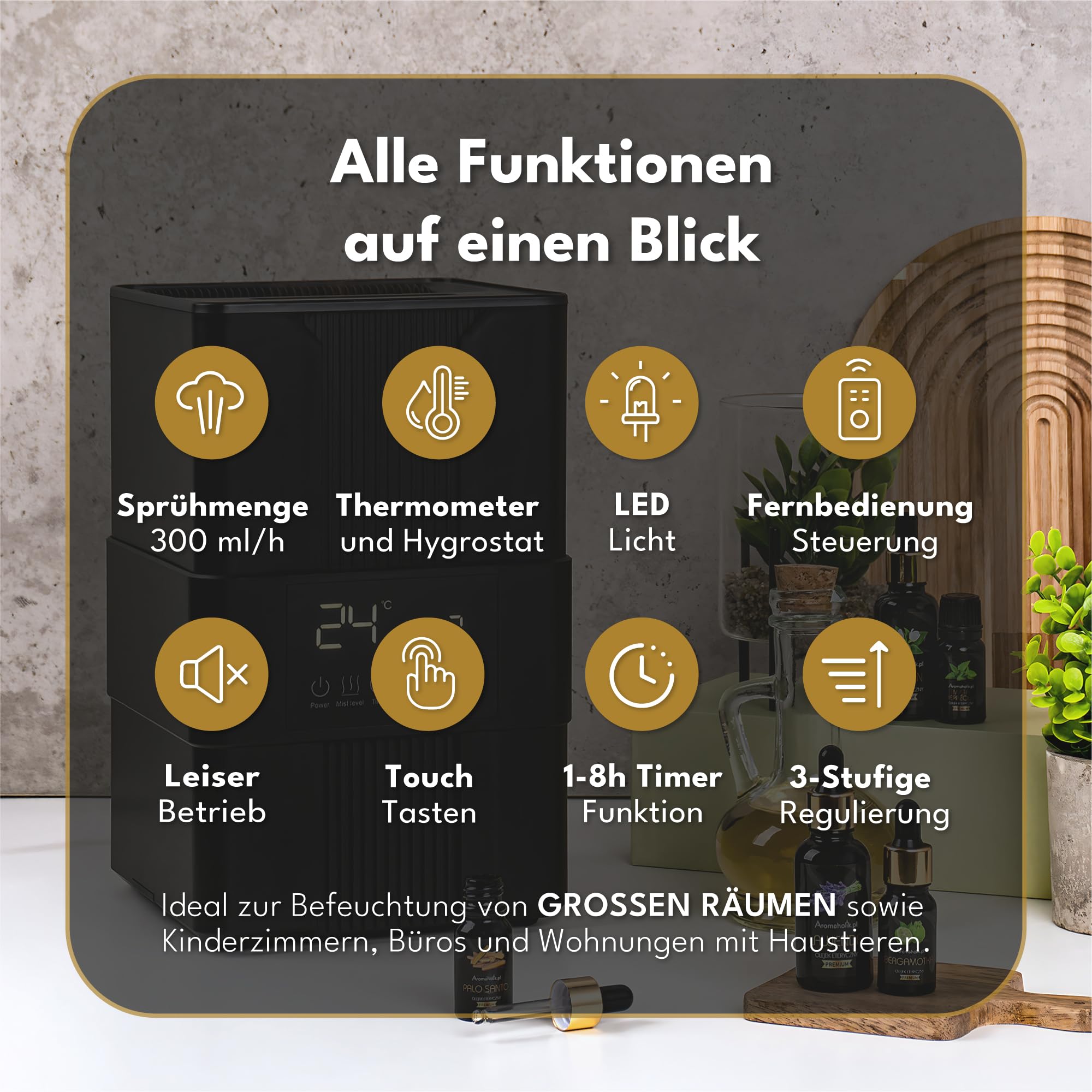 Premium Aroma Diffuser für Ätherische Öle, Aromadiffusor - Luftbefeuchter, Ultraschall, Aromatherapie, Schlafzimmer, Büro, BPA Free, 200ml, Schwarz, Varma