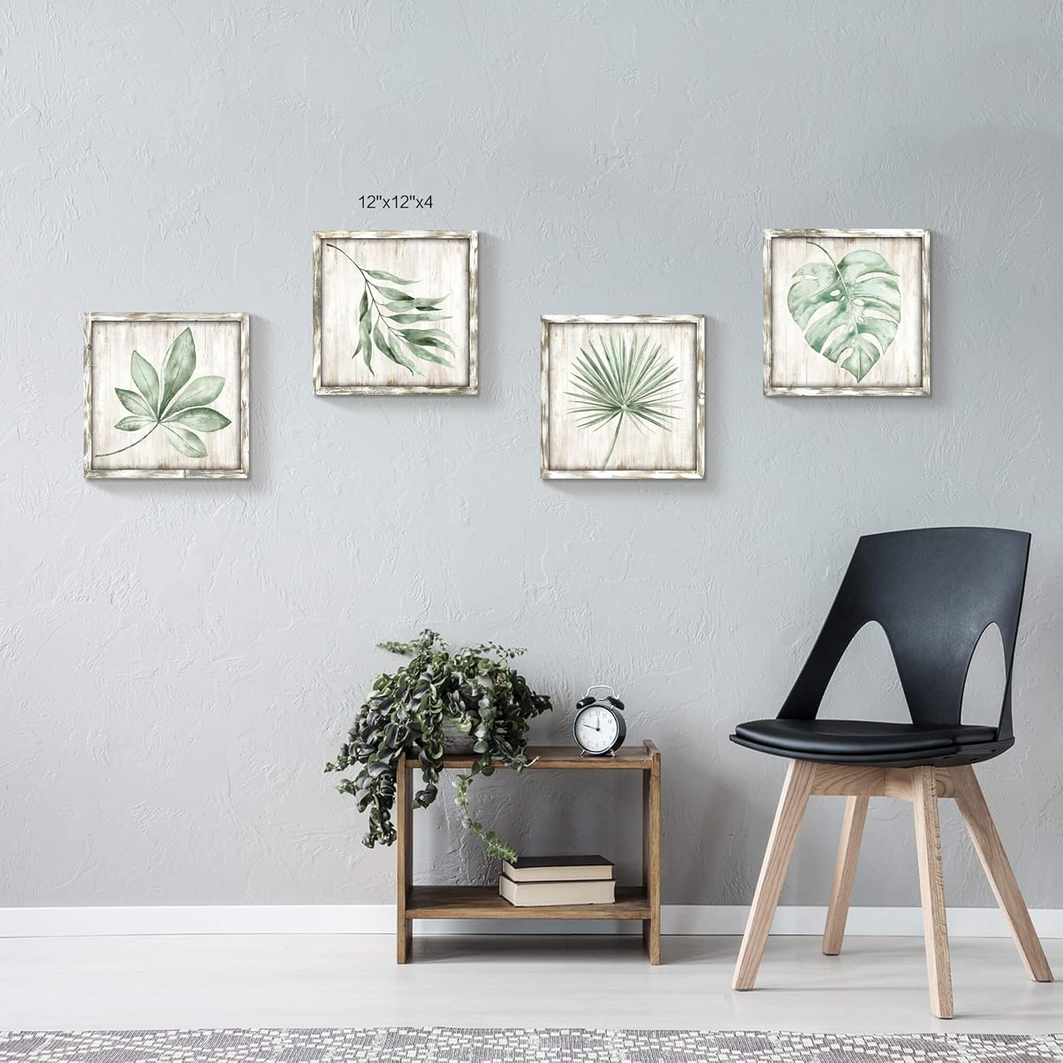 Hardy Gallery Green Leaves Prints Wall Art: Rustic Wooden Background Palm Tree Leaf Simple Life Painting for Bathroom Wall Decor (12 X 12 X 4)