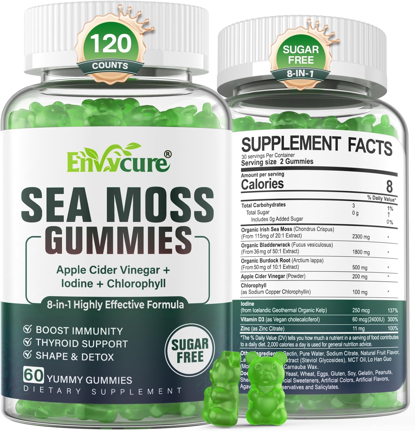 2Pack Irish Sea Moss Gummies with Organic Burdock Root, Bladderwrack, Apple Cider Vinegar- Gut Detox, Promote Digestion & Immune Support for Adults Kids,Vegan Wild Crafted Sea Moss Supplement,60 Cts*2