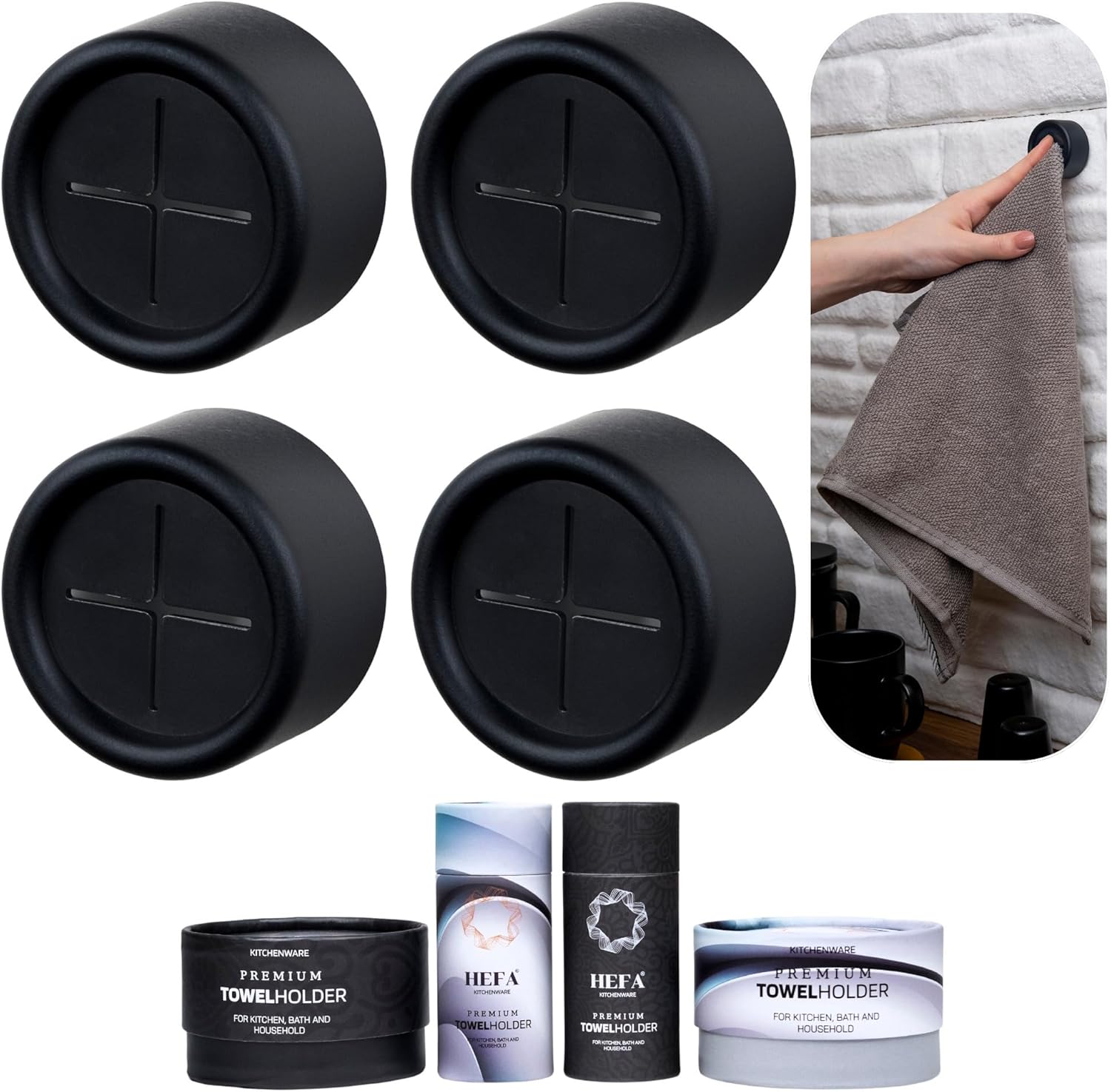 HEFA Towel Hooks, Towel Holder, Dish Towel Holder, Kitchen Organization, Kitchen Towel Hook, Kitchen Towel Holder, Hand Towel Holder, Kitchen Gadgets, Matrix Black, 4 Pack