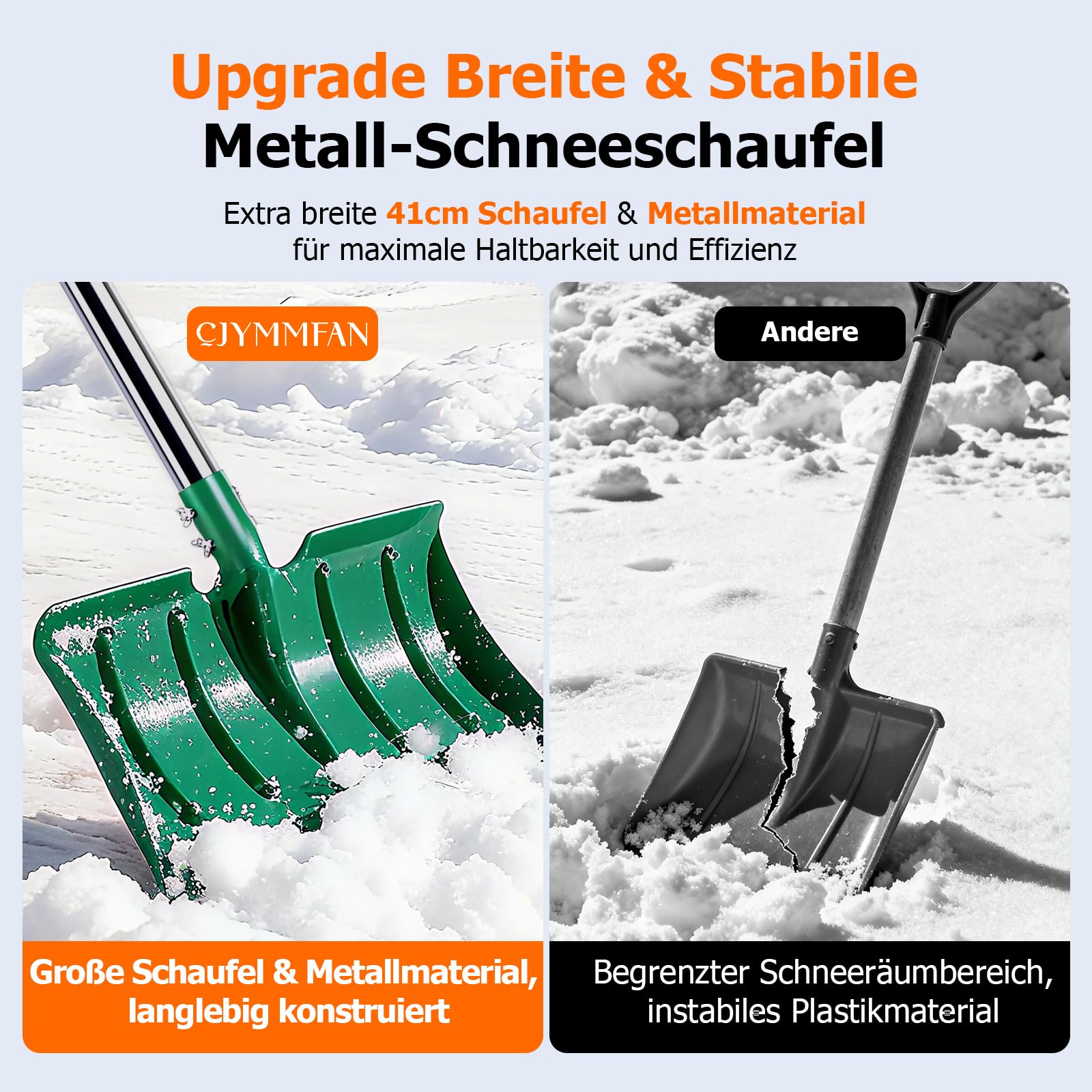 Schneeschaufeln mit 163cm Langstiel, Hochfester Metall-Schneeschieber mit 41cm Breiter Schaufel, Lang Ergonomischem Griff & Anti-Frost-Schaum für Schneeräumung von Einfahrt, Auto, Mulch, Erde, Garten
