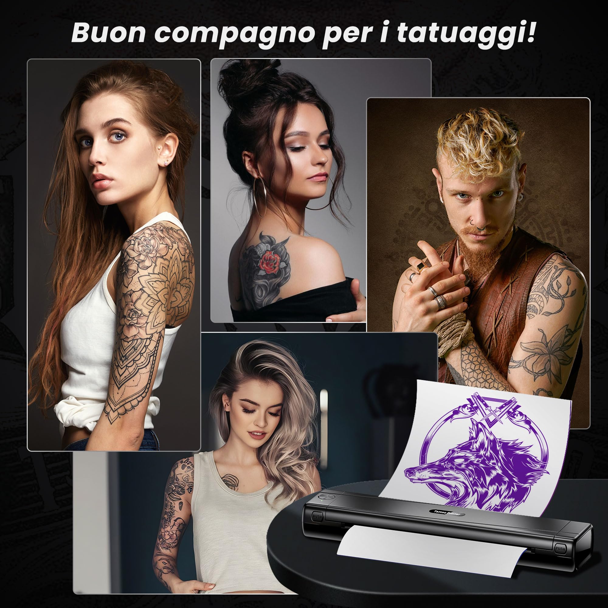 TATTMUSE Stampante Stencil Tattoo, Stampante Termica Tattoo con 10 Fogli di Carta Transfer per Tatuaggi, Stencil Machine per Artisti e Principianti, Bluetooth Compatibile con Smartphone & Tablet