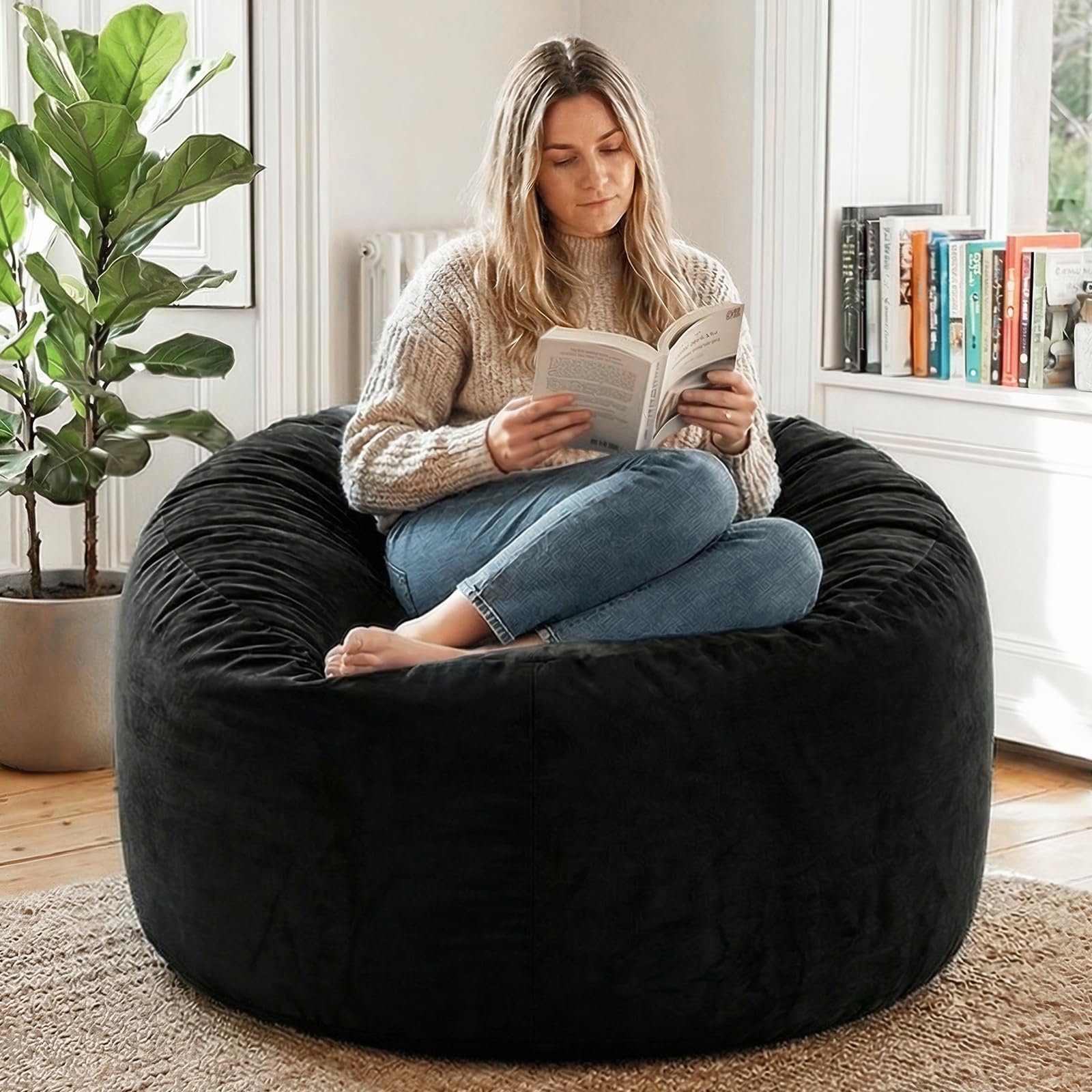 YuppieLife Large Foam Filled Bean Bag Chairs for Kids Teenagers Adults Living Room Gaming Relaxing 4F Machine Washable Lazy Sofa（Black