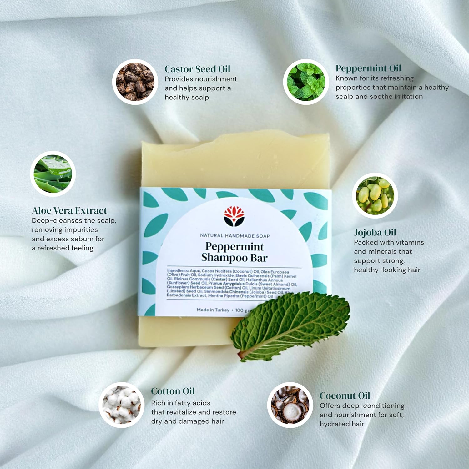 GrabNat All-Natural Peppermint Shampoo Bar - 4 Pack (100g each) | Handcrafted, Sulfate-Free, Paraben-Free, Cruelty-Free | W/Jojoba Oil & Aloe Vera Extract | Eco-Friendly & Zero-Wast (4 x 3.5oz)