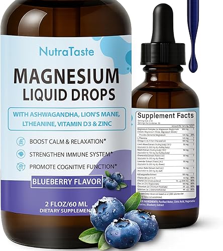 Gotas líquidas de glicinato de magnesio  Suplemento de complejo de magnesio con Ashwagandha, L-teanina, melena de león y omega-3  Almeja,