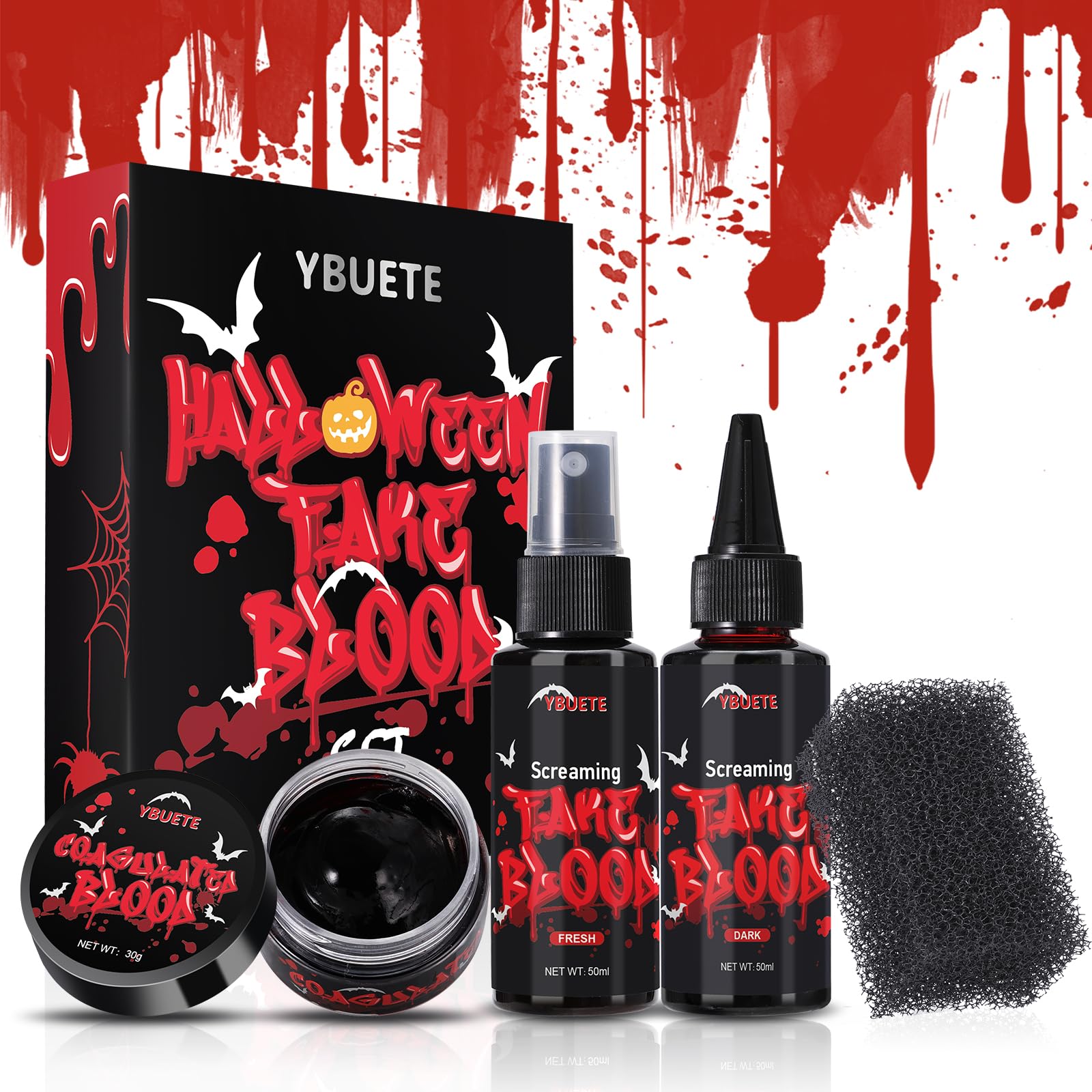 YBUETE Halloween Fake Blood Makeup Kit with Fake Blood Spray and Gel Blood Red