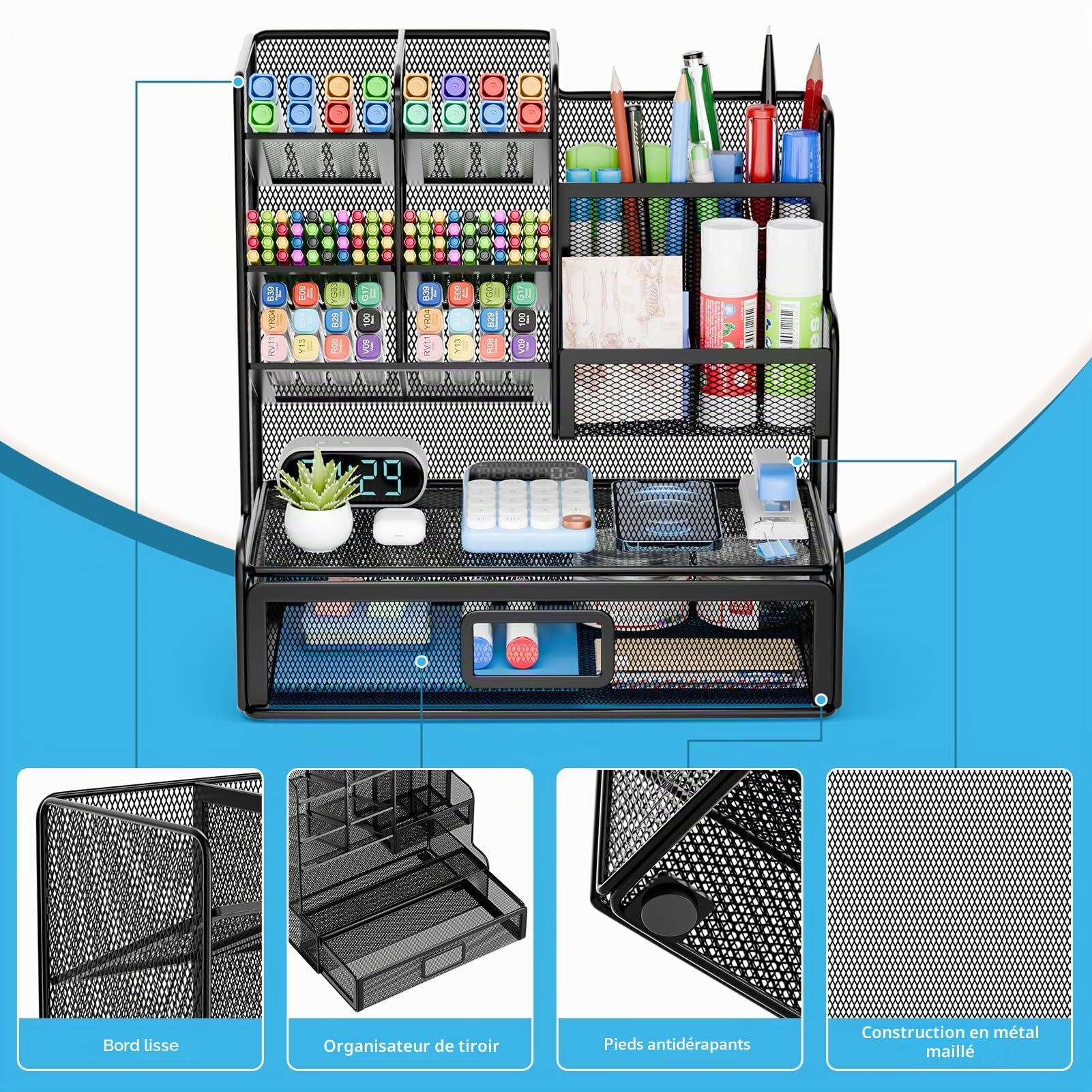 Organiseur de Bureau en Maille,Porte-Stylos Multifonctionnel, Organisateur de Papeterie,Rangement de Bureau et Tiroir pour à Domicile (Noir)