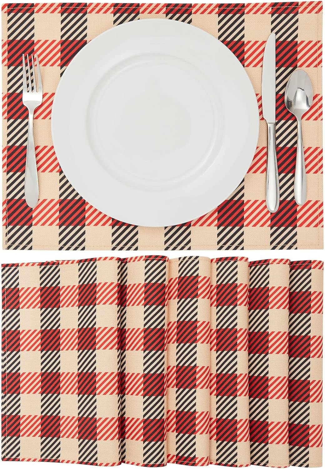 Juego de 6 manteles individuales de tela a cuadros rojos, negros y tostados, arpillera de 16.8 x 12.8 pulgadas y poliéster, lavables, con diseño de