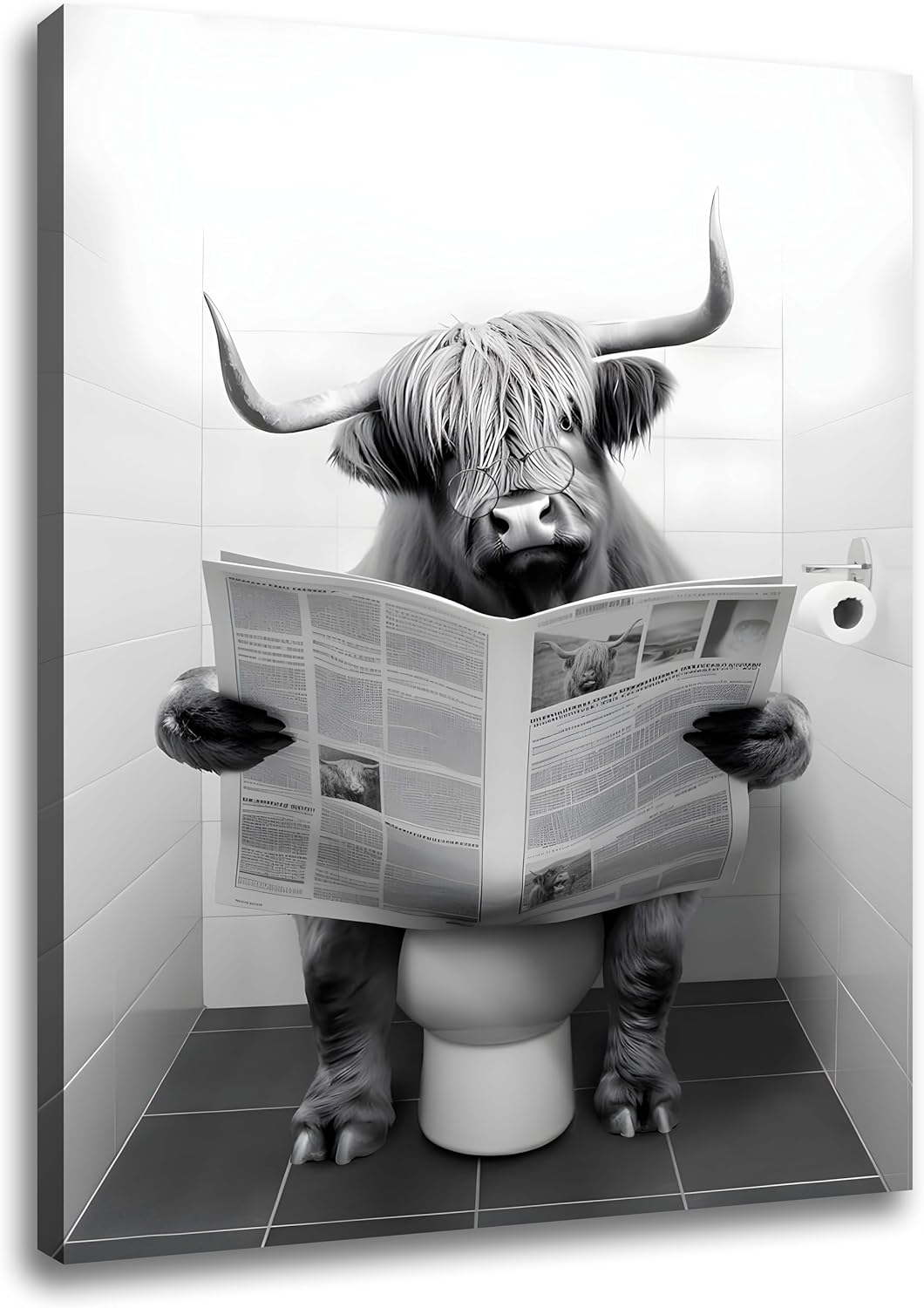 Bathroom Decor Wall Art, Humor Animals Bathroom Artwork, Myopic Eye Highland Cow Canvas Print Wall Art, Black and White Wall Art Decor, Modern Wrapped Canvas Painting Picture Prints Ready to Hang 16"x20" PH-006 20L" x 16W"