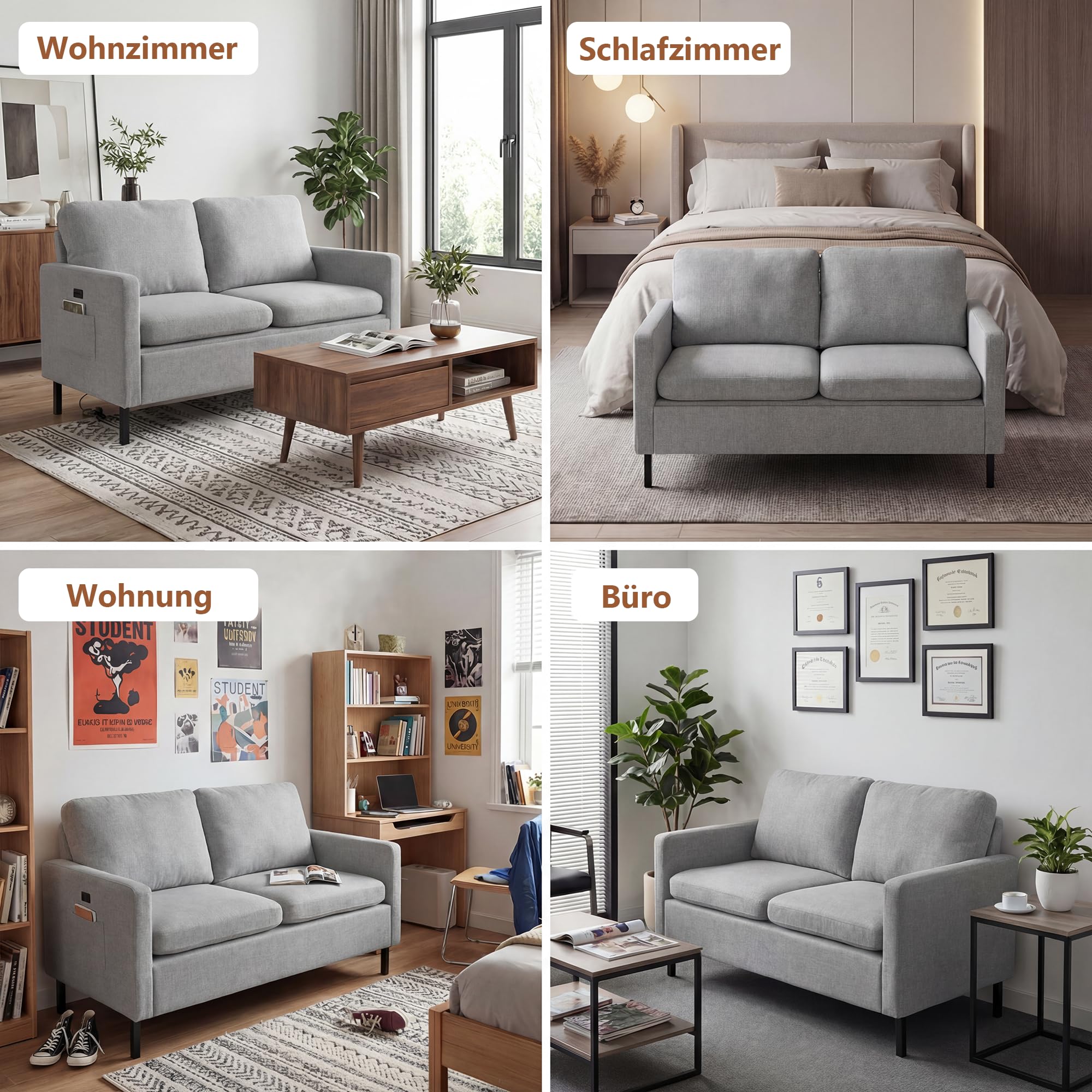 GRAVFORCE Sofa 2 Sitzer mit 2 Ladeports 143 x 63 x 86 cm Klein Sofa kleines Cloud Couch mit Armlehne und Seitentasche Modernes Stoffsofa für Wohnung Wohnzimmer Büro Einfache Montage Hellgrau