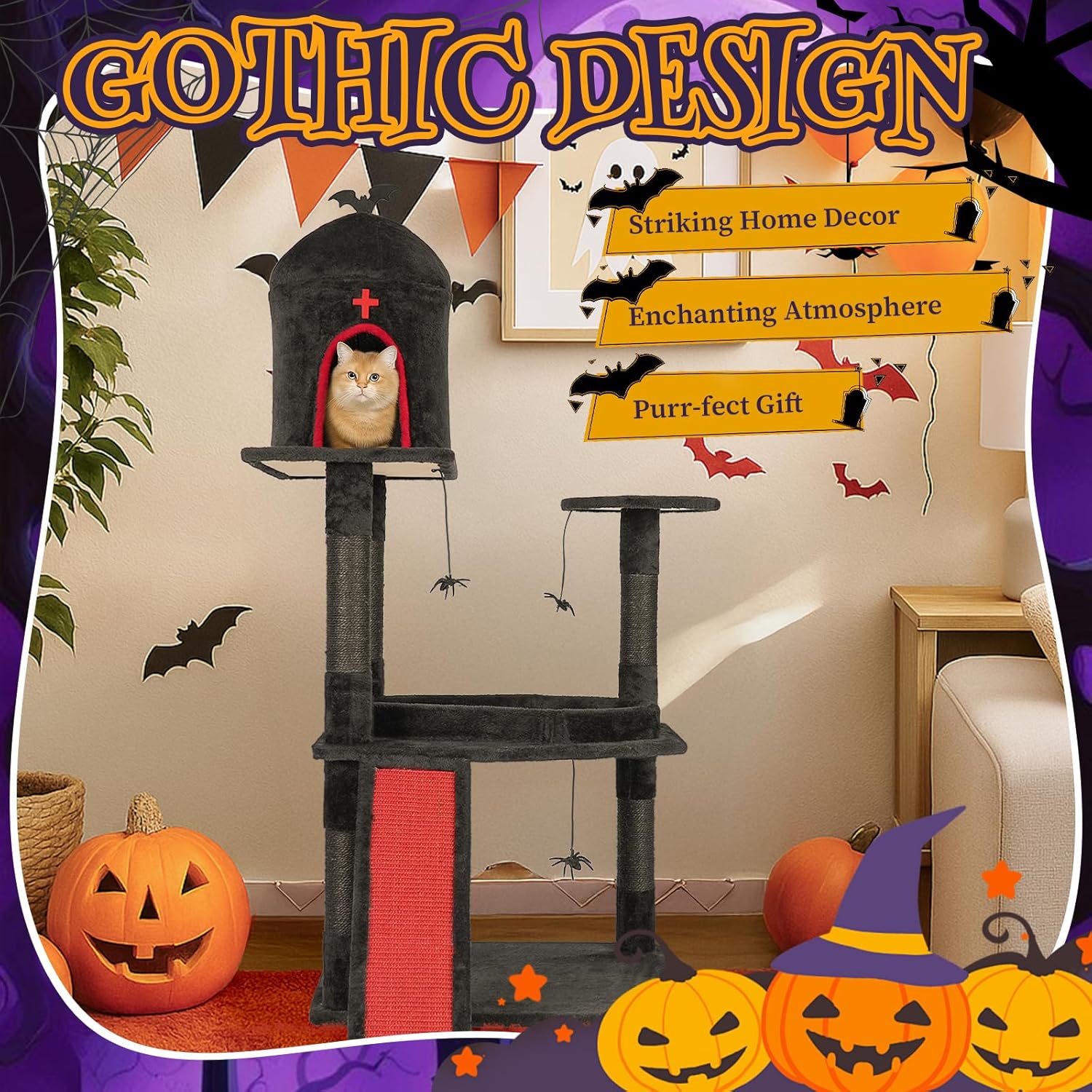 Outvita Gothic 53" Cat Tree with Coffin Bed, Large Cat Tower with Spacious Cat Condo, Scratching Posts, Spider Hanging Toys, Scratching Board, Multi-Level Cat Activities Furniture, Red & Black