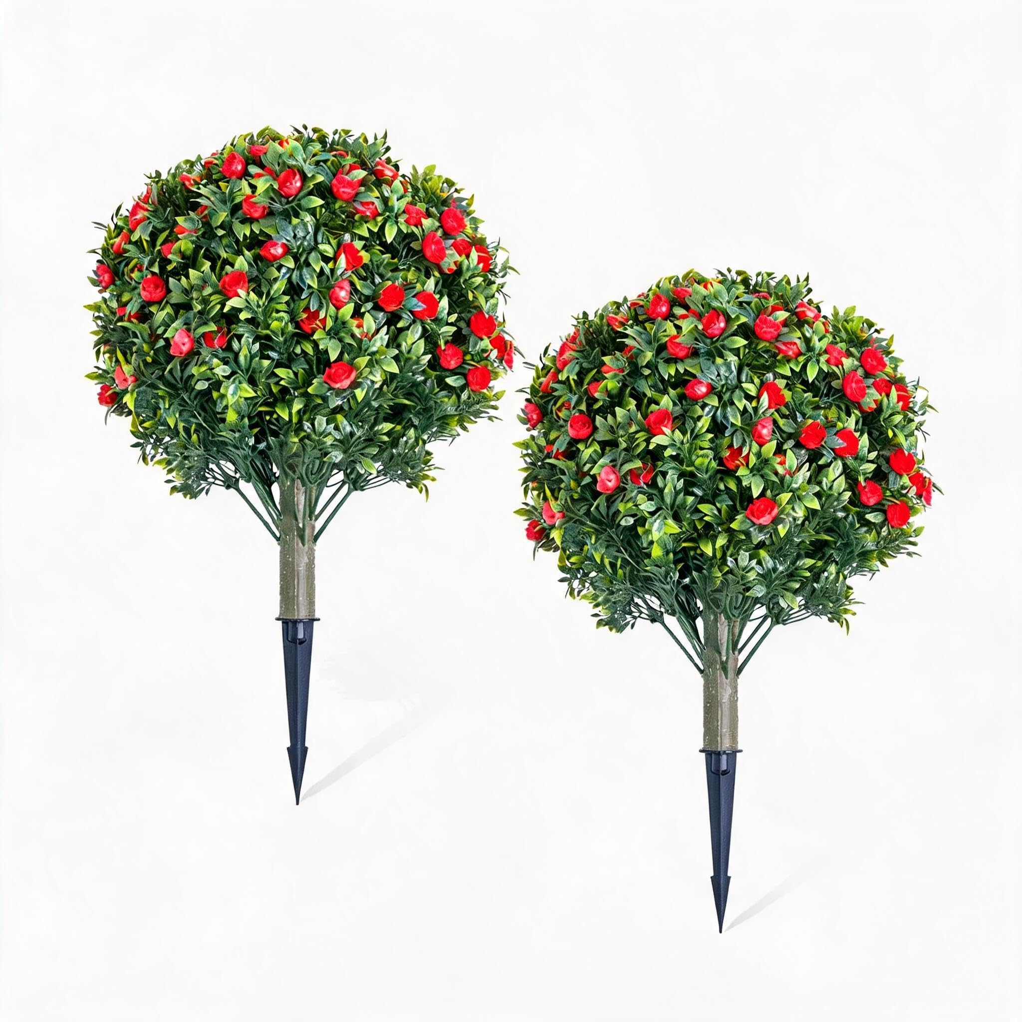 Koioplie Artificial Topiary Ball Trees Set of 2 – Red Rose Flowers, 23.6" Realistic PE Decorative Shrubs with Ground Spike & Metal Stakes, UV Resistant Faux Plants for Indoor/Outdoor Decor, 60x40cm