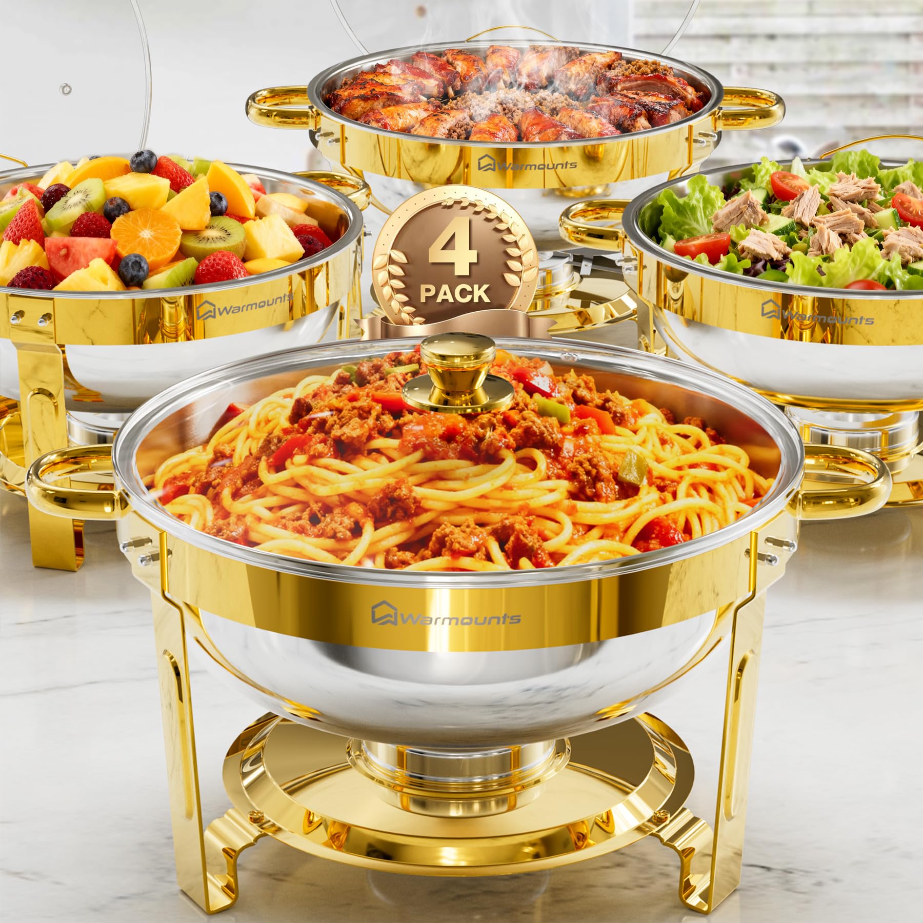 WARMOUNTS 4 Pack Chafing Dish Buffet Gold with Glass Lid 5L Set, Round Food Warmer for Catering Buffet with Lid Holder, Stackable Mirror-Polished Rolled-Rim Food-Grade Stainless Steel Chafer for Party — image 1