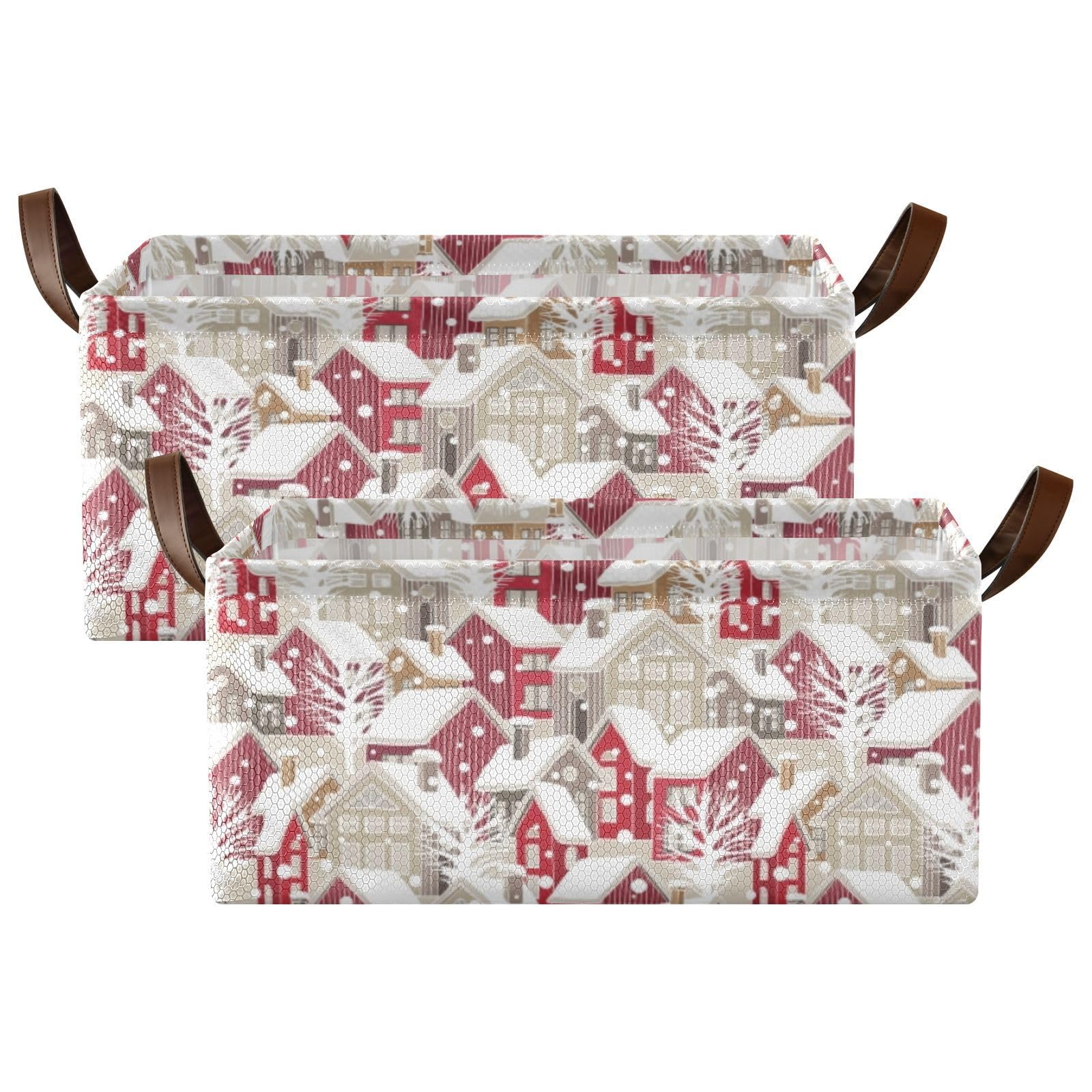 Fygkptb Winter Red Grey Houses with Trees and White Snow Christmas Pattern 2 PC Rectangle Foldable Frame Basket Leather Handles Storage Bin for Laundry Bathroom Organizer 16.9 x 11.4 x 7.7 inch