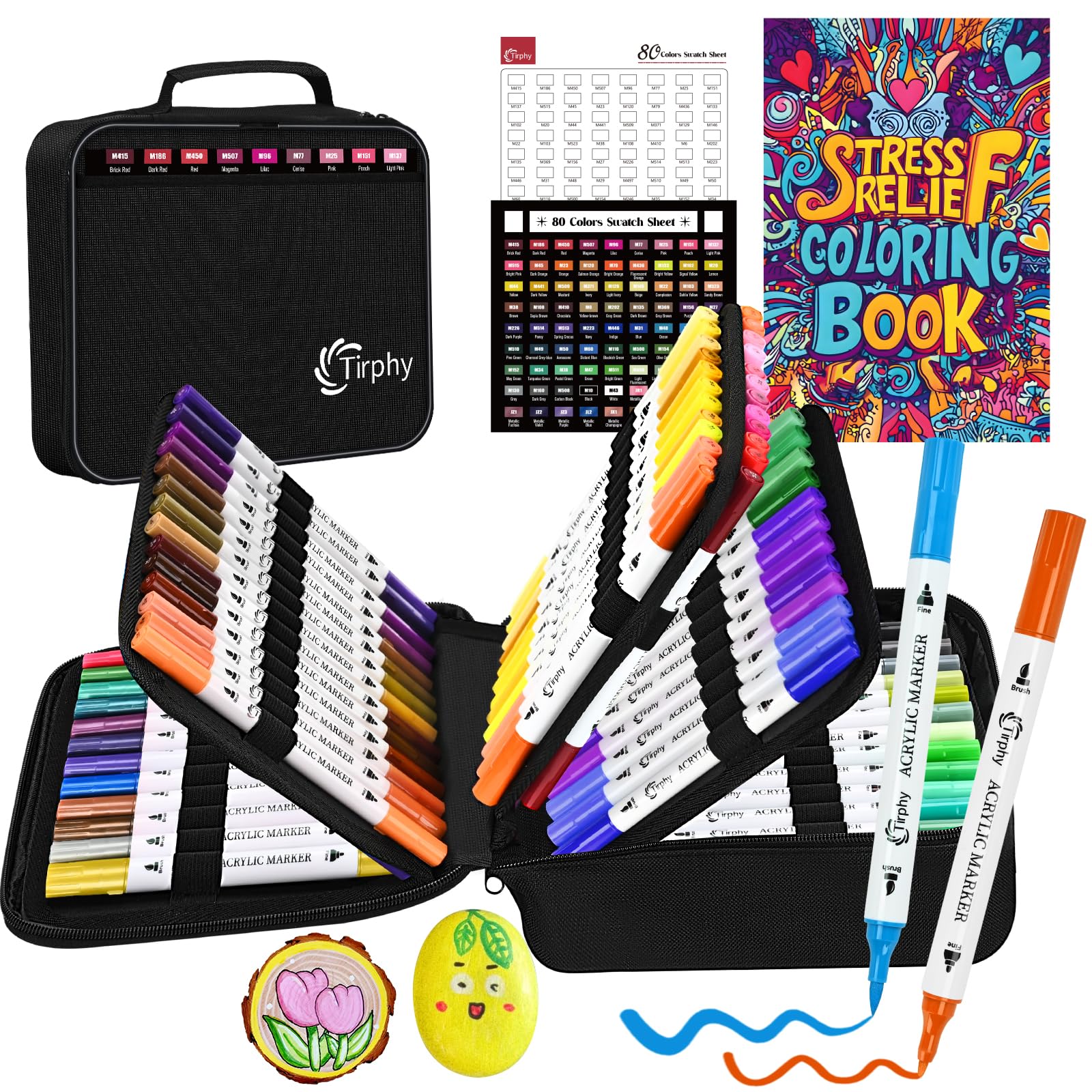 Tirphy Acrylic Paint Markers, 80 Colors Dual Tip with Fine Tip and Brush Tip Acrylic Paint Pens for Stone, Wood, Canvas, Metal, Ceramic, Fabric, Calligraphy, Rock Painting, DIY Crafts Art Supplies Kit