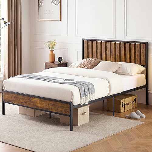 IDEALHOUSE Base de cama Queen con cabecera de madera, marco de cama de metal con plataforma Queen con 14 listones de acero resistente, más