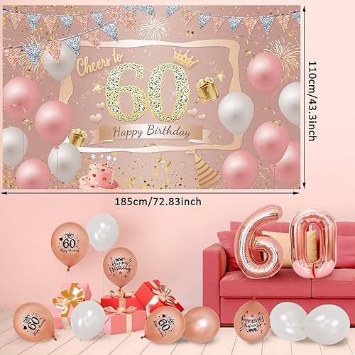Miniatura 6 de Decoraciones de 60 cumpleaños para mujer, 90 piezas de oro rosa y fabulosas decoraciones de cumpleaños 60, incluyendo telón de fondo de pancarta de