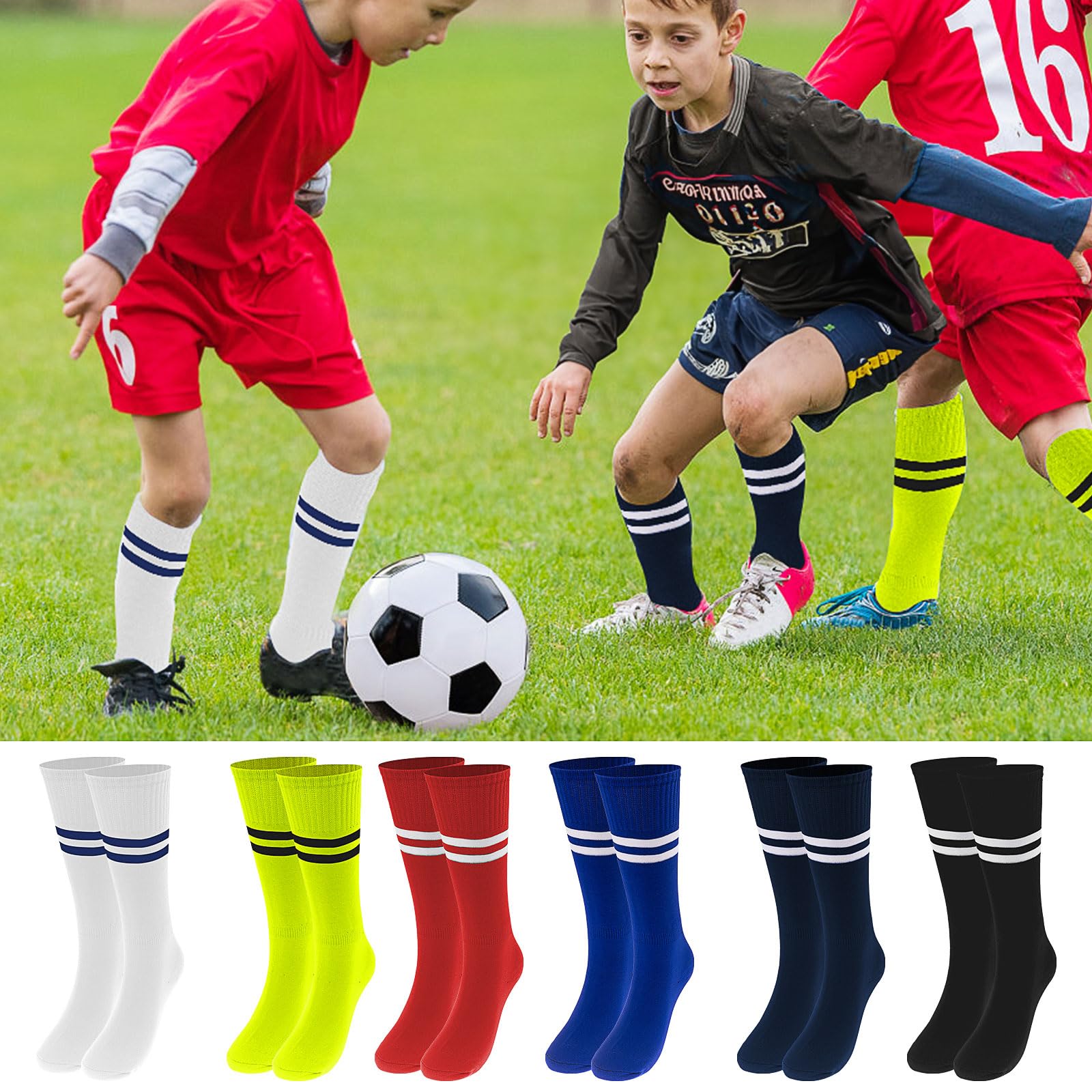 Chaussettes Foot Enfant Lot 18 Paires, Hautes Rayures Garçon Fille, Taille Unique 28-35, 6 Couleurs