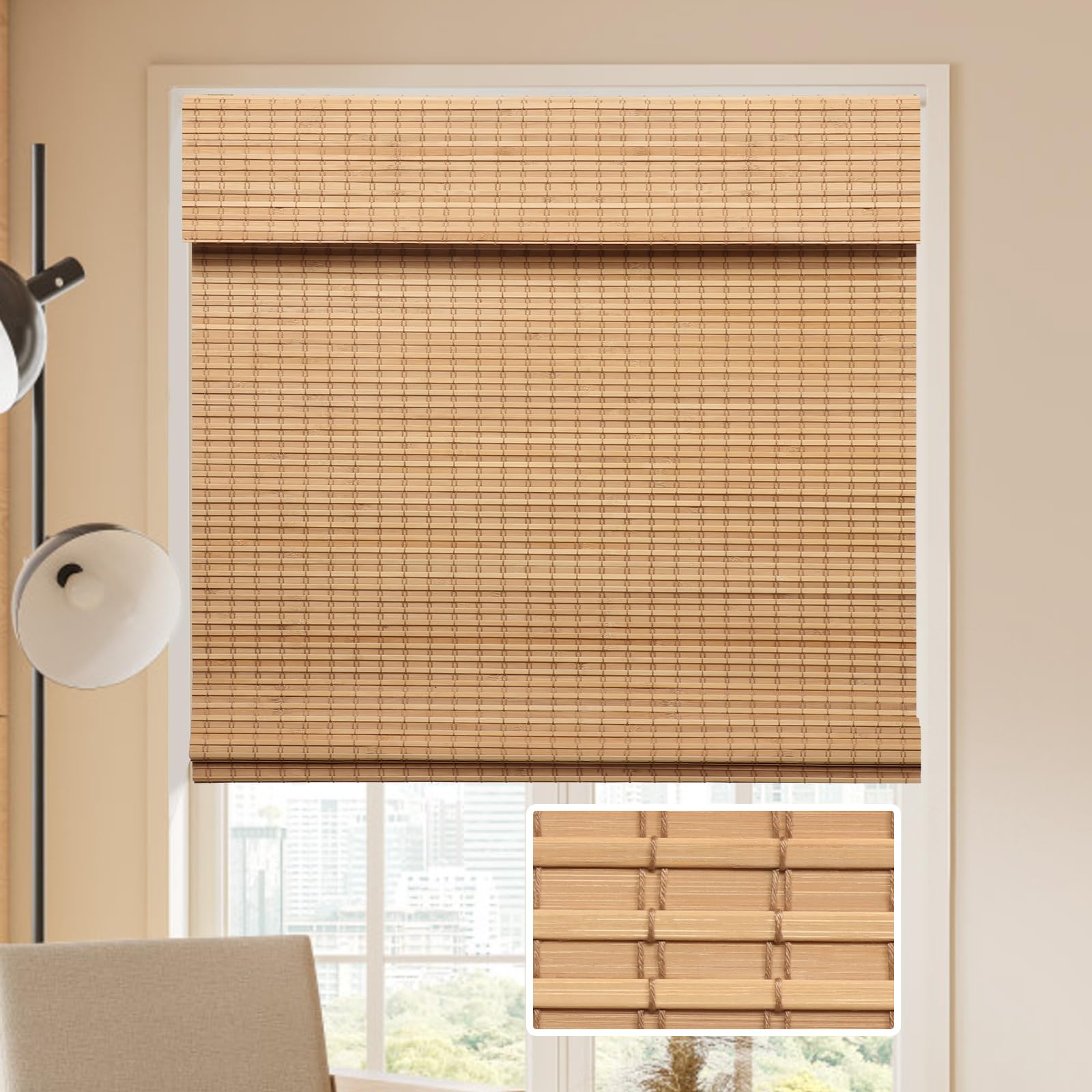 LUCKUP Cordless Bamboo Roman Blinds Shades for Indoor Windows-Blackout Room Darkening Roman Blinds with 6" Valance Cover Enhanced Privacy, 20" W x 64"