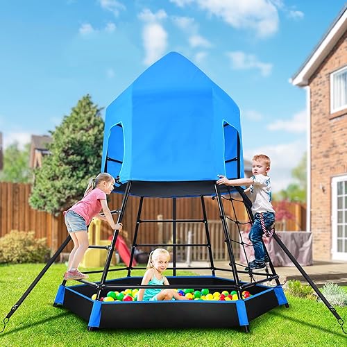 Jugader Gimnasio de la selva mejorado con barras de mono, equipo de juego al aire libre con tienda de campaña, juguetes de escalada con caja de