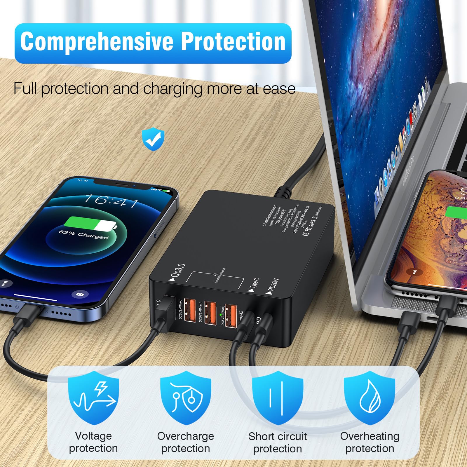 Ładowarka wieloportowa QC3.0 Szybkie ładowanie PD20W Głowica ładująca typu C 6-portowa ładowarka USB do telefonu komórkowego Wieloportowa ładowarka 65 W