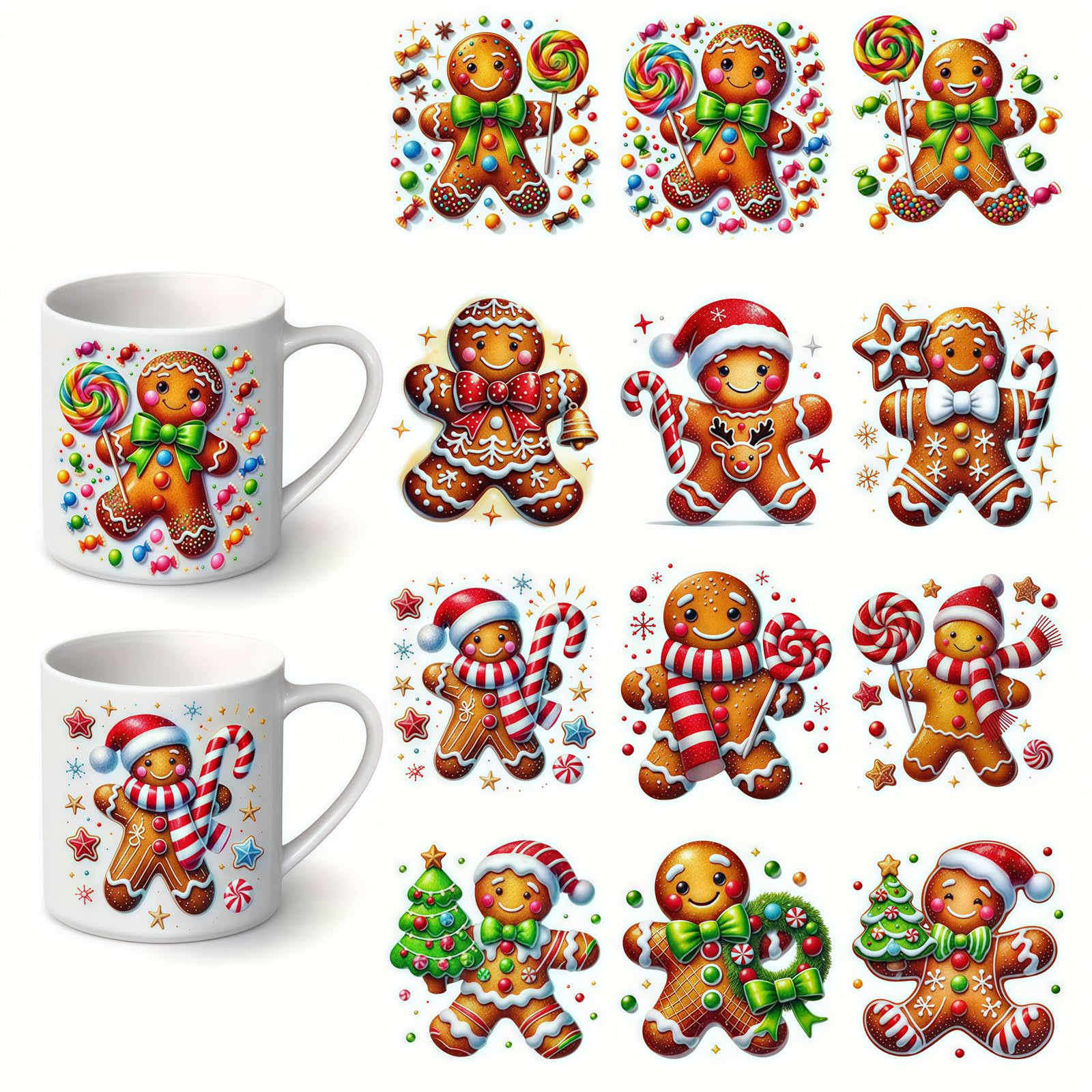 12pcs Christmas Gingerbread for Man & Tree UV DTF Cup Wraps Winter UV DTF Transfer Sticker for Glass Cups Furniture Craft DIY Crafts，Rub on Transfer Stickers for DIY Water Bottle Laptop Decal Wood Car
