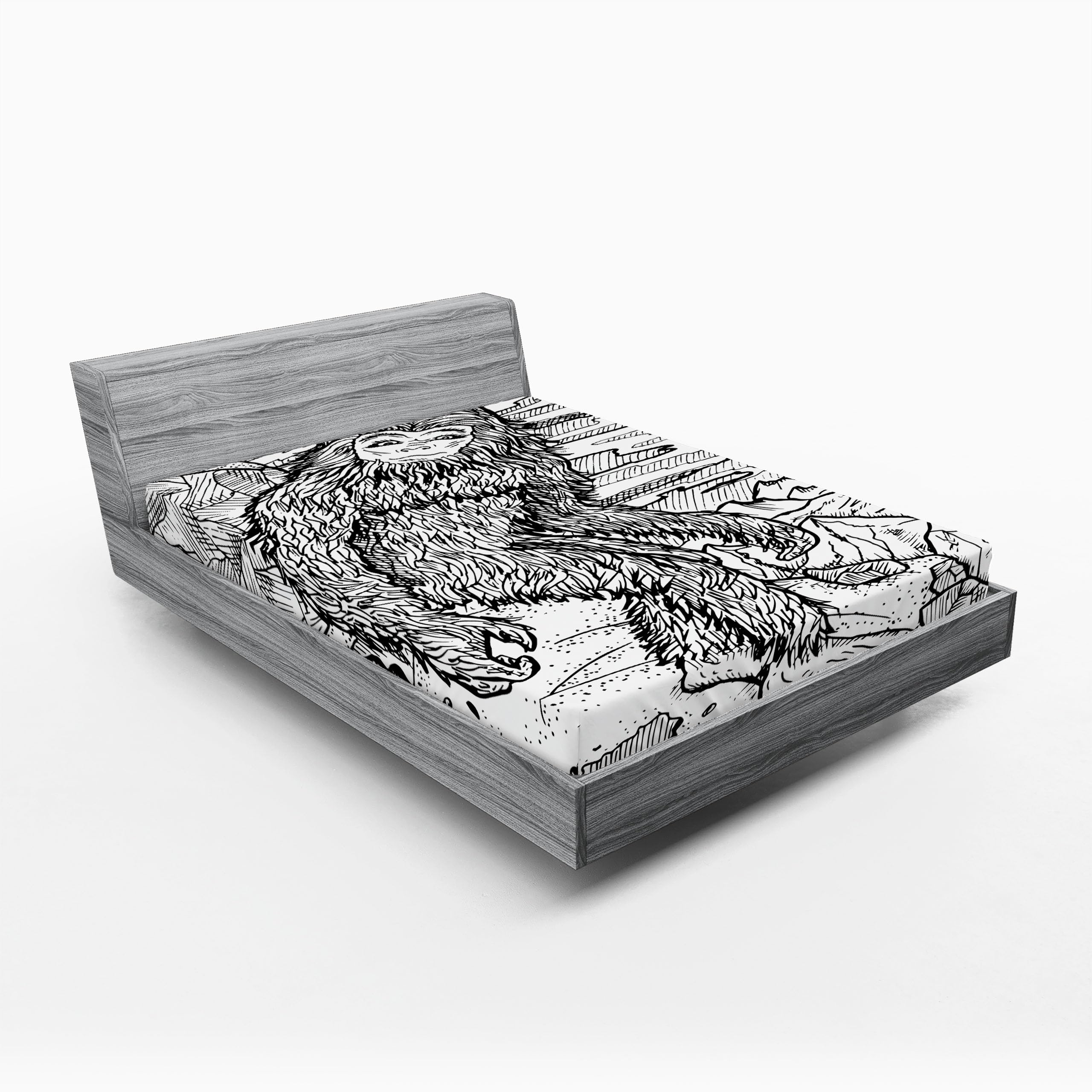 Ambesonne Bigfoot 2 Pack Fitted Sheet, Mythical Yeti Creature, Bed Cover All-Round Elastic Deep Pockets 2 Pieces, Package Contains 2 Full Size Fitted Sheets, Black Print