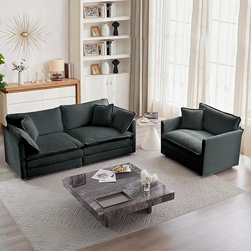 mikibama Luxury 2 Piece Loveseat Couch & Sofa Armchair Set, Modern Upholstered Chenille Cloud Couches Set Furniture with 5 Pillow for Living Room Bedroom Office Apartment, Grey