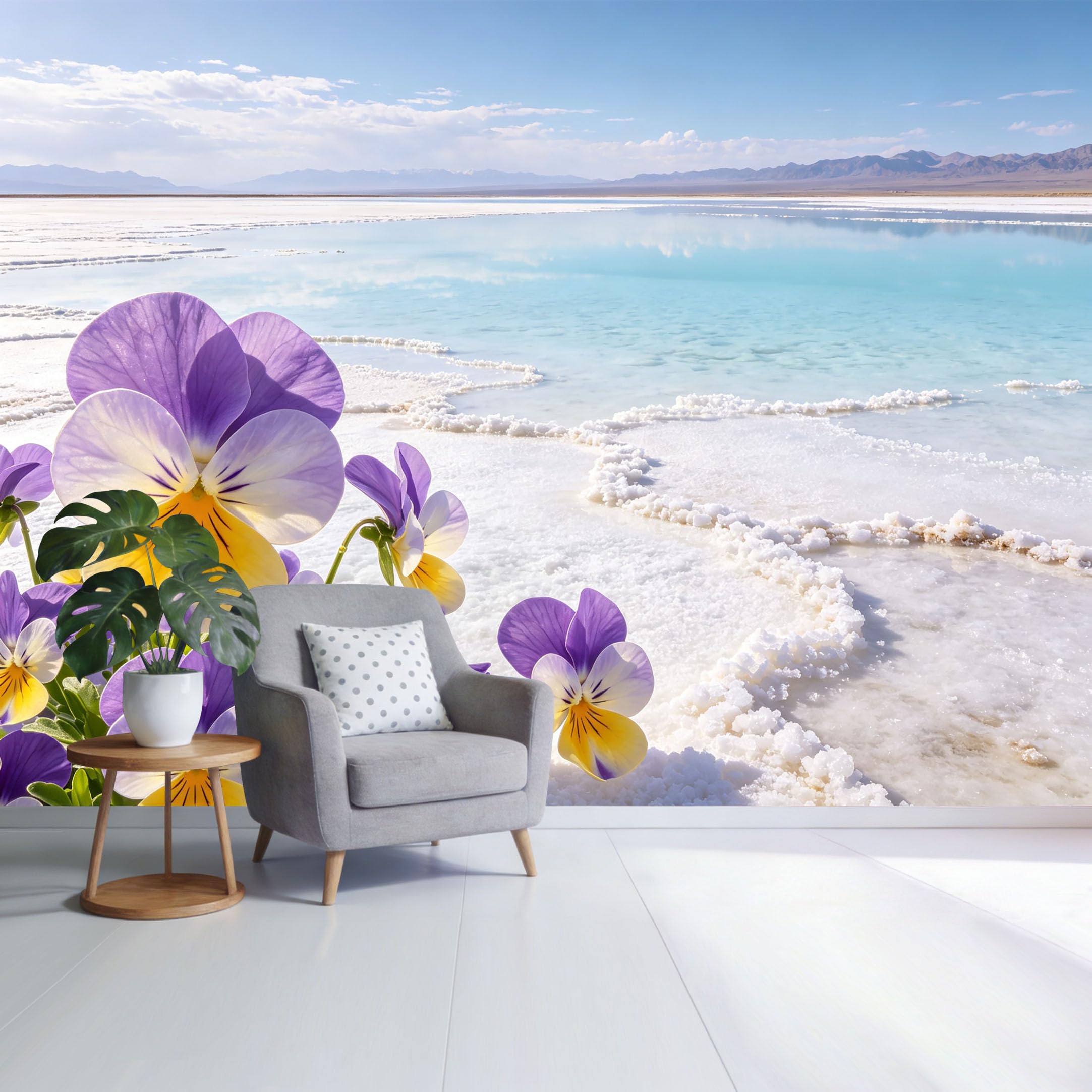 Custom Size Wall Mural Coastal Lake View with Purple Yellow Pansy Flowers and White Salt Shore Landscape SelfAdhesive Wall Fabric Removable Wallpaper for Home Office Decor