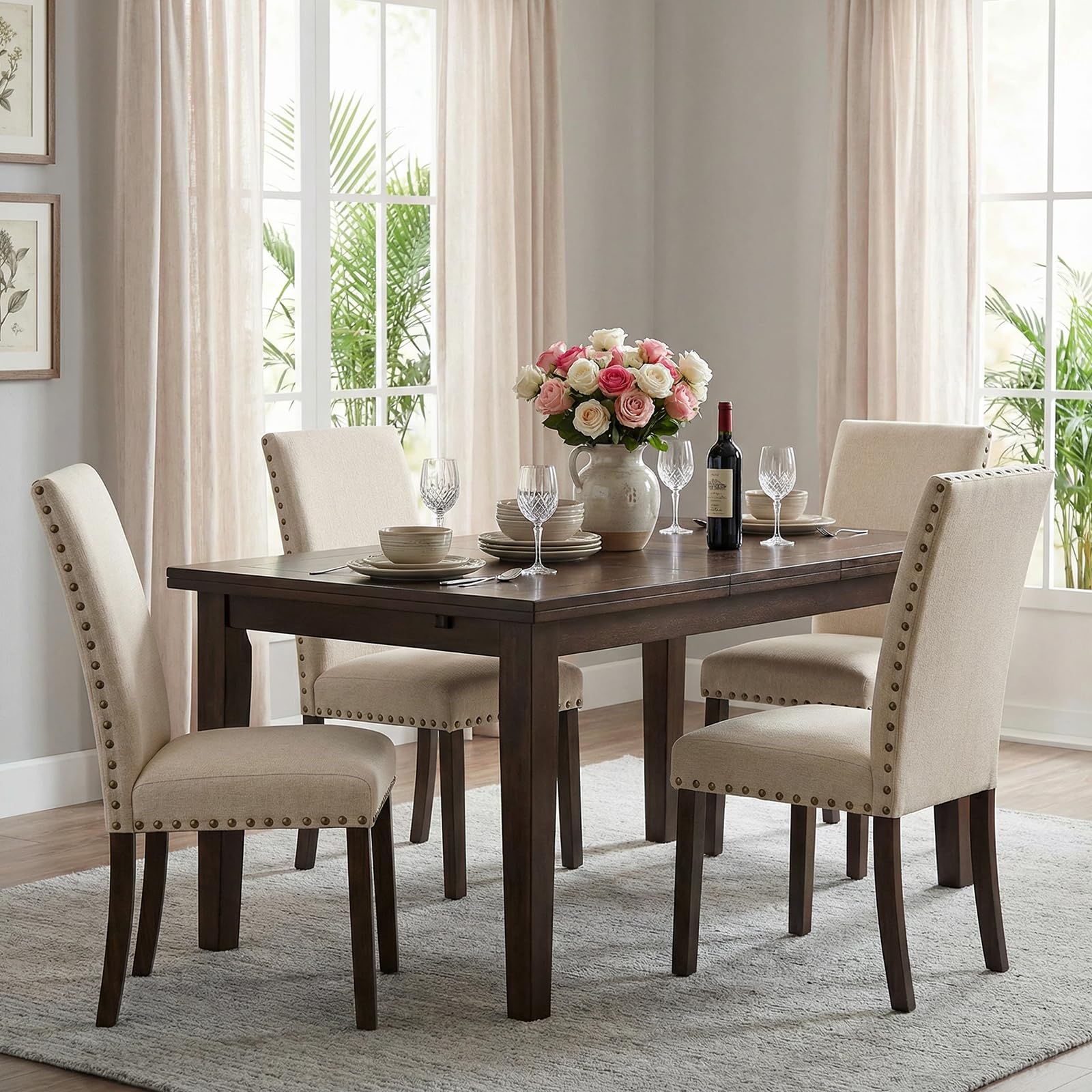 Furniliving Upholstered Dining Chairs Set of 4 - Line Fabric Modern Farmhouse Kitchen Chairs, High-Back Dining Room Chairs with Wooden Legs for Kitchen Dining Room Living Room.Beige