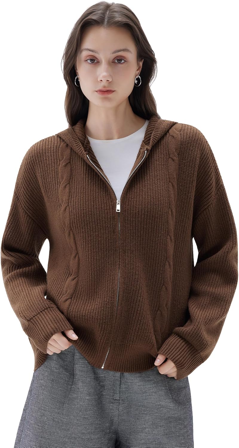 SUUKSESS Women Chunky Knit Cashmere Sweaters Zip up Oversized Hoodies Cardigan with Pockets Long Sleeve Fall Jackets Outerwear (Brown, M)