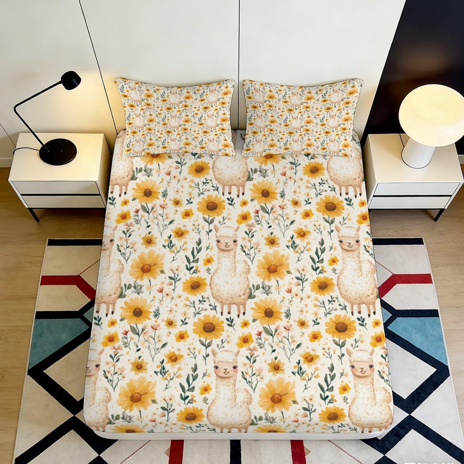 3D Printed Sunflower Giraffe Fitted Sheet Microfiber Soft Non-Slip Bed Sheet for Bedroom Guestroom Mattress Decor 90x200x25cm