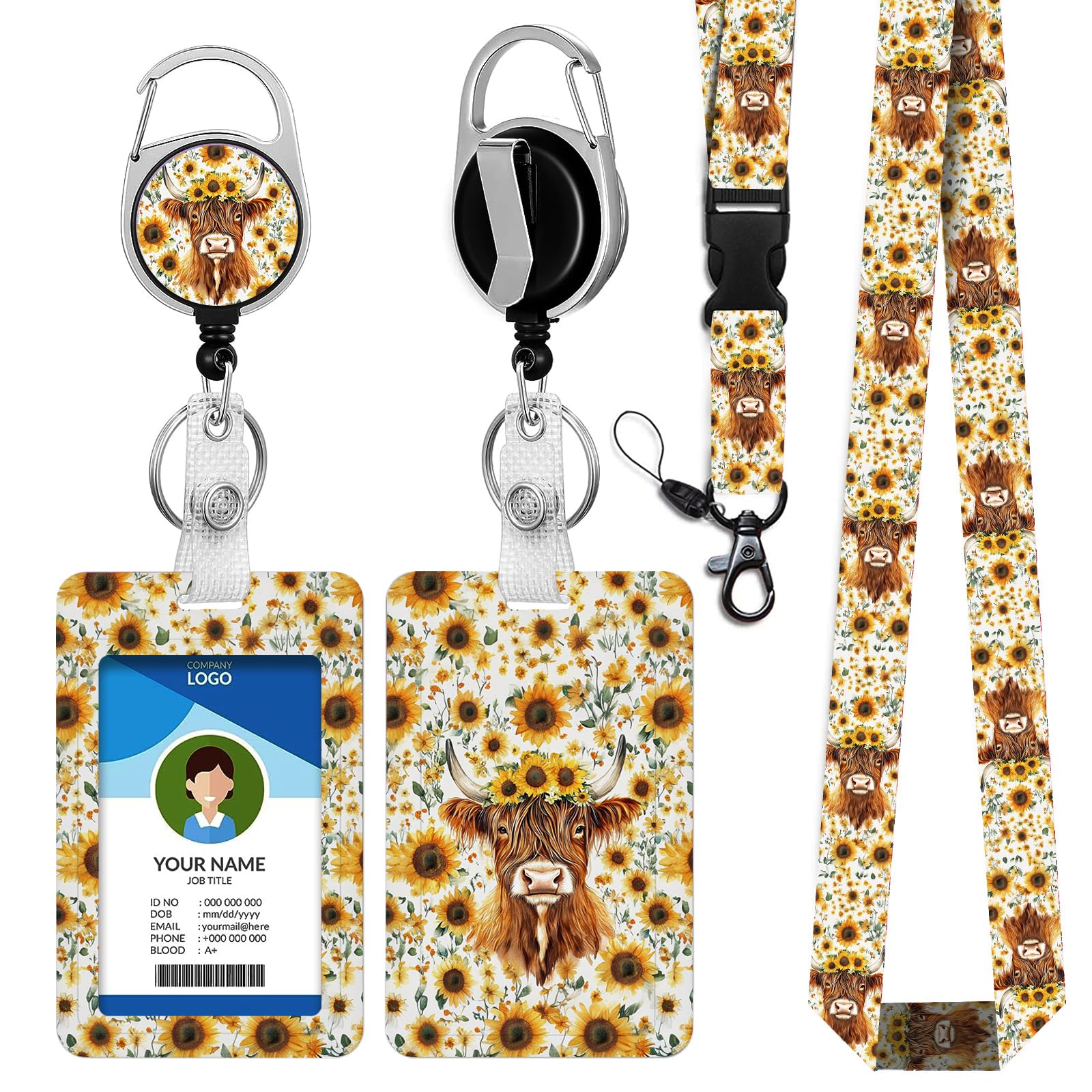 bolimoss Highland Cow Lanyard with Card Holder,Retractable Lanyards for Credit Card Key, ID Badge Holder with Breakaway Lanyard Neck Strap, Cute Sunflower Card Holder for Women Nurse Teacher Student โ image 1
