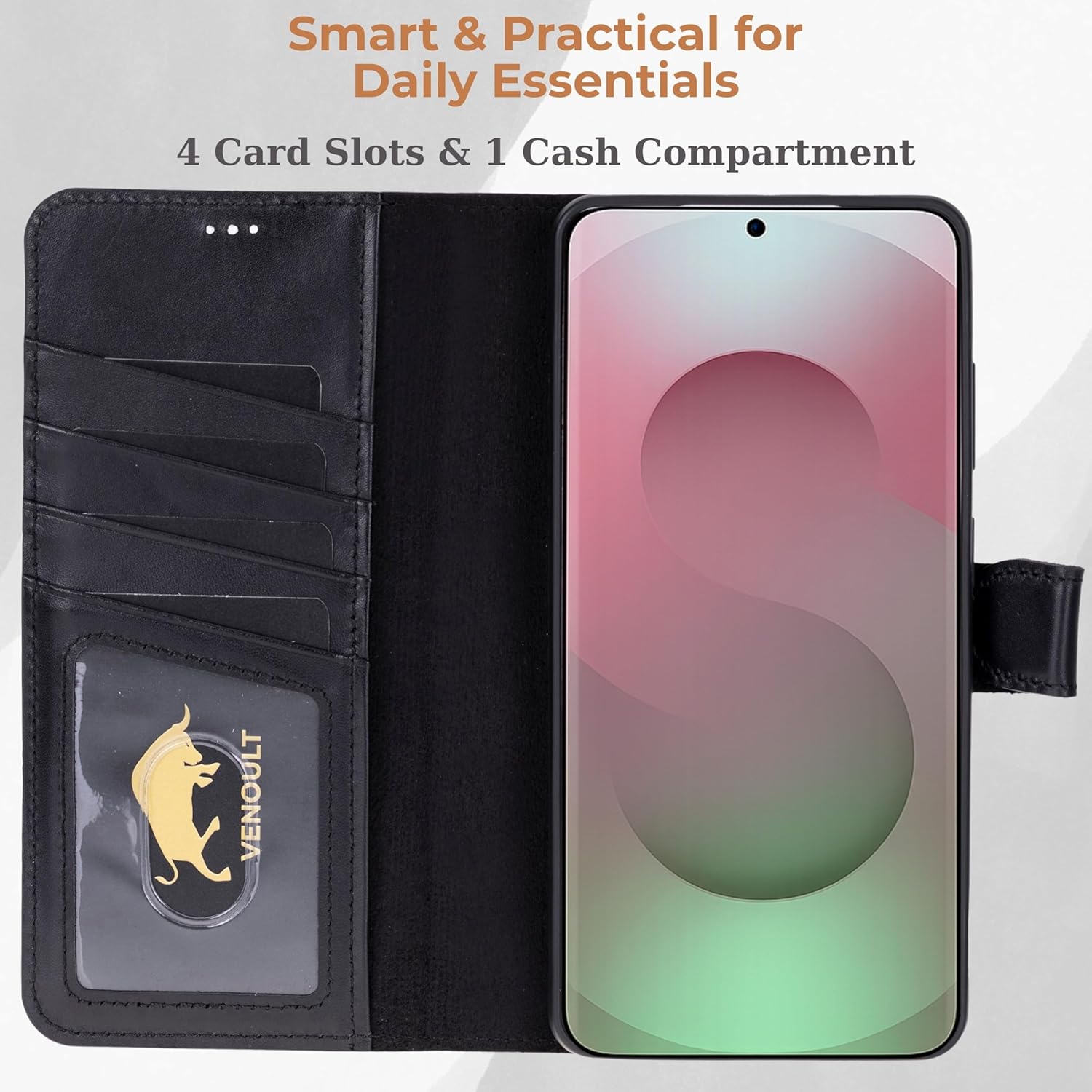 VENOULT Wallet Case for Samsung Galaxy S26 Ultra with 4 Card Slots, Full Grain Genuine Turkish Leather, Business Style, Magnetic Detachable Folio, Wireles Charge, RFID, Handmade (Rustic Black)