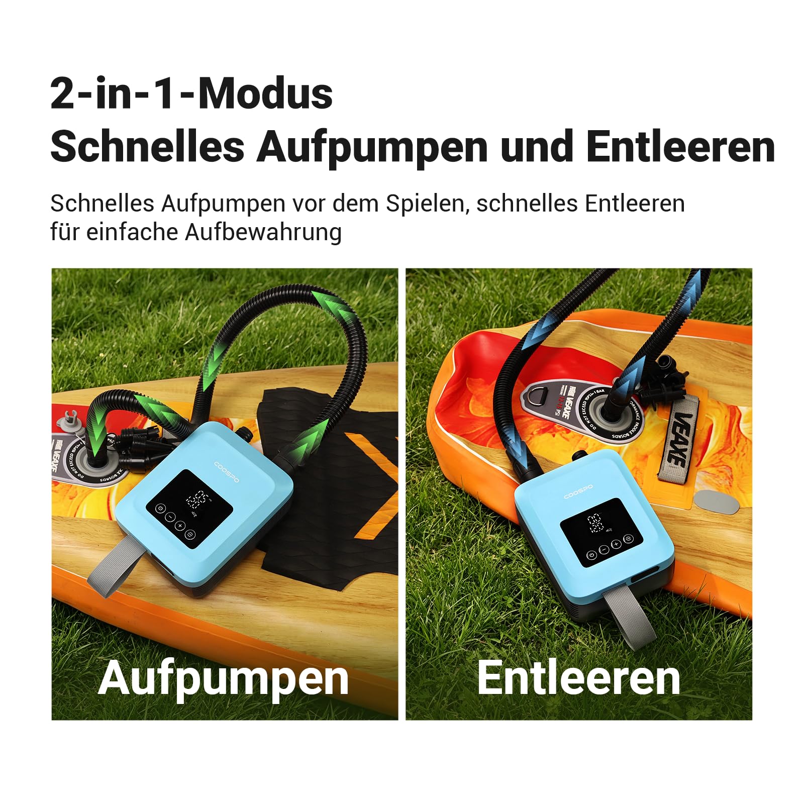 CooSpo Elektrische SUP-Luftpumpe, 20 PSI Hochdruck-Elektropumpe, mit wiederaufladbarem Akku (59,2/44.4 Wh), geräuscharm, Zwei Aufpumpmodi für Kajaks und Paddleboards