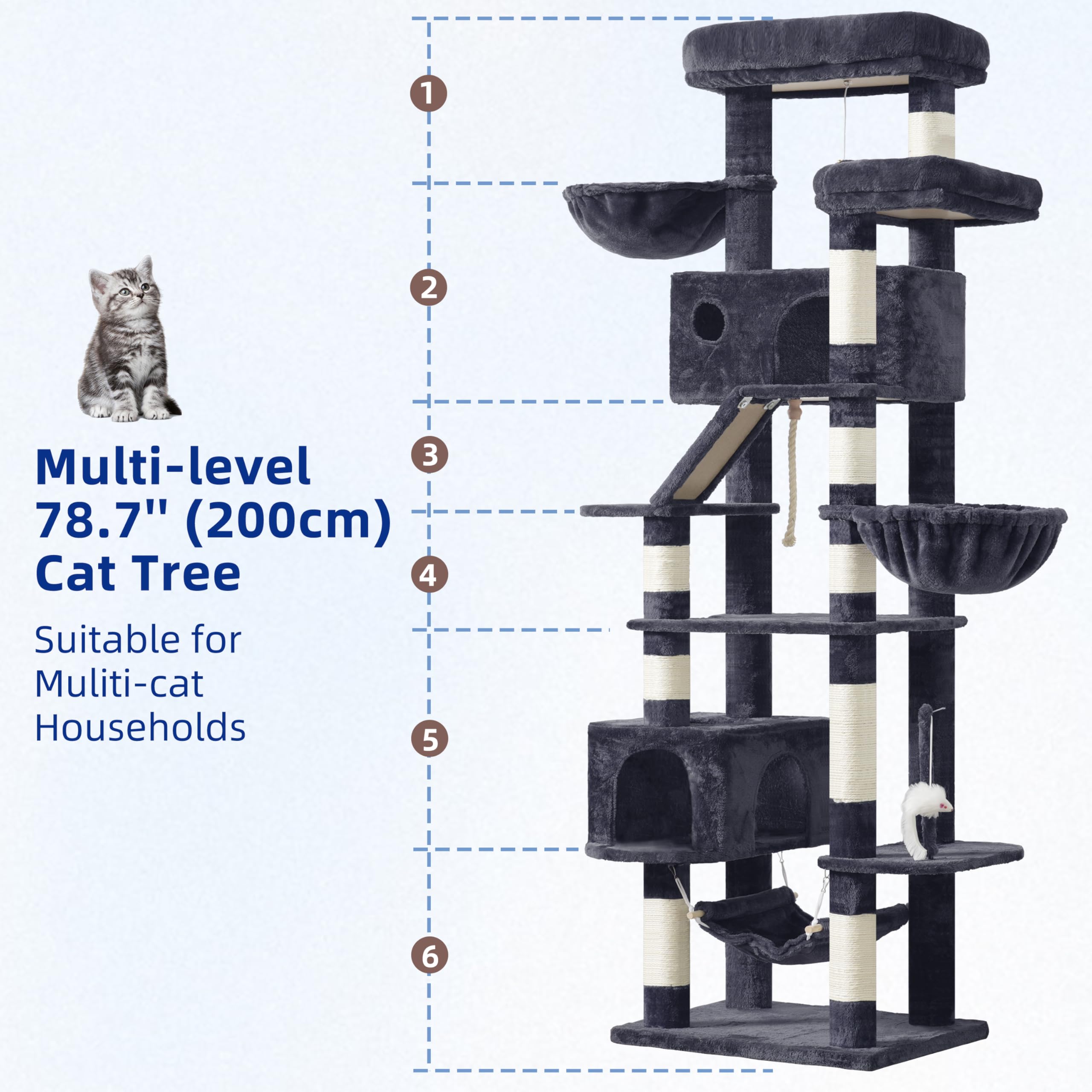 Gitelsnour rascador para Gatos Grandes, árbol para Gatos de Interior de 200 cm, con Amplia Plataformas Superior, Cuevas, Hamaca, rascadores, Gris Ahumado GCT031G