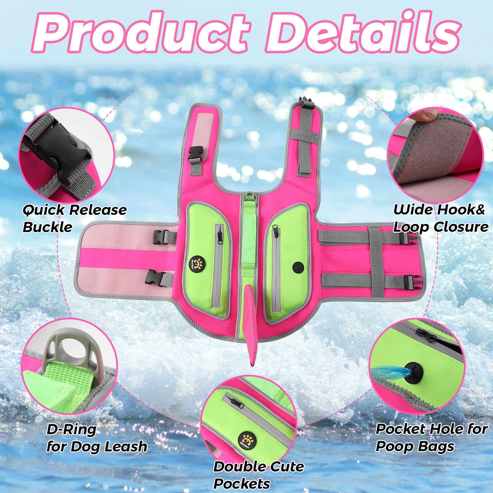 Sheripet Dog Life Jacket, Cute Shark Dog Life Vest for Swimming Boating with Superior Buoyancy and Rescue Handle, Adjustable Puppy Swim Floating Vest for Small Medium Large Dogs (Rosepink, Large)