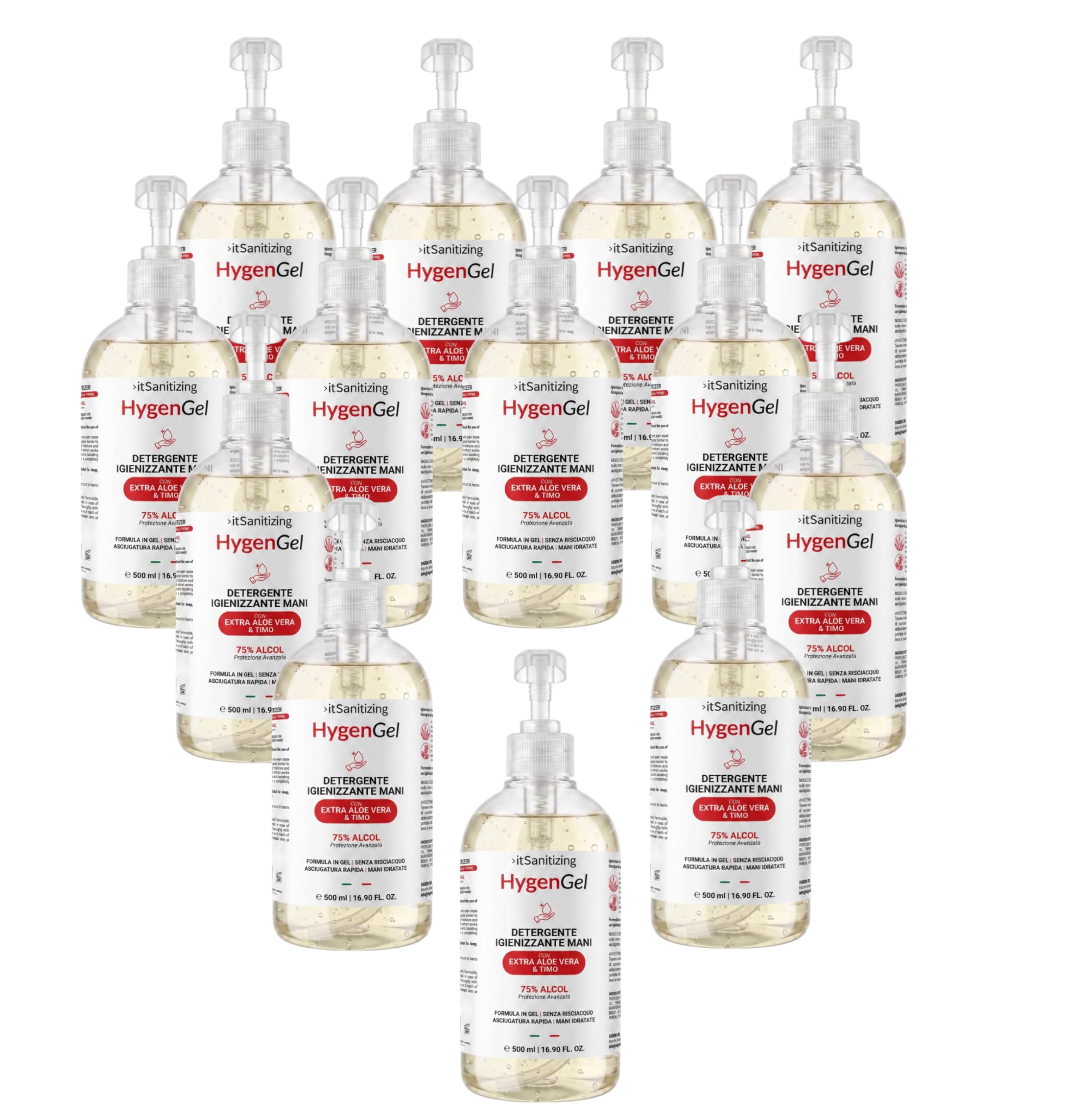 Hygen Gel Mani Disinfettante Igienizzante 12 Litri Antibatterico Sanificante Alcool 75% Elimina Virus Naturale con Aloe Vera e Timo Senza Risciacquo Profumato al Limone - 24 Flaconi da 500 ml