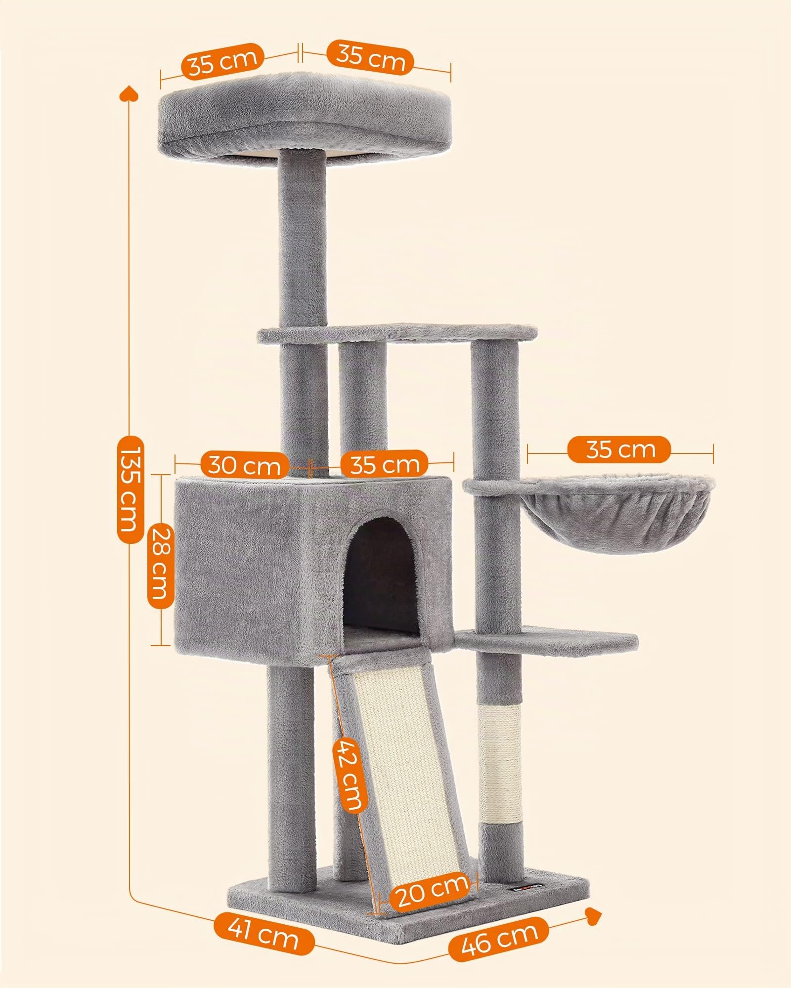 FEANDREA Arbre à Chat, Tour de Jeux, Hauteur 135 cm, Niche Multi-Niveaux, en Tissu Peluche, avec Housse Amovible et Lavable, Griffoir et Planche à Griffer, Panier, Niche, Gris Clair