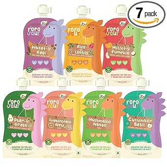 Rorosaur Baby Food Puree Pouch Trial Pack for 6+ Months | Ready to Eat Grain based Purees and Fruit & Veggie Purees | 100% Natural Healthy, No Preservatives, No Sugar, No Salt | 100g each, Pk of 7 - image, photos