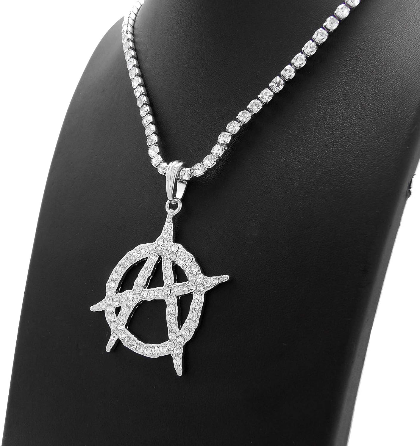 Iced Hip Hop White Gold PT Anarchy Pendant & 20" 1 Row Bling Rhinestone Chain Fashion Necklace