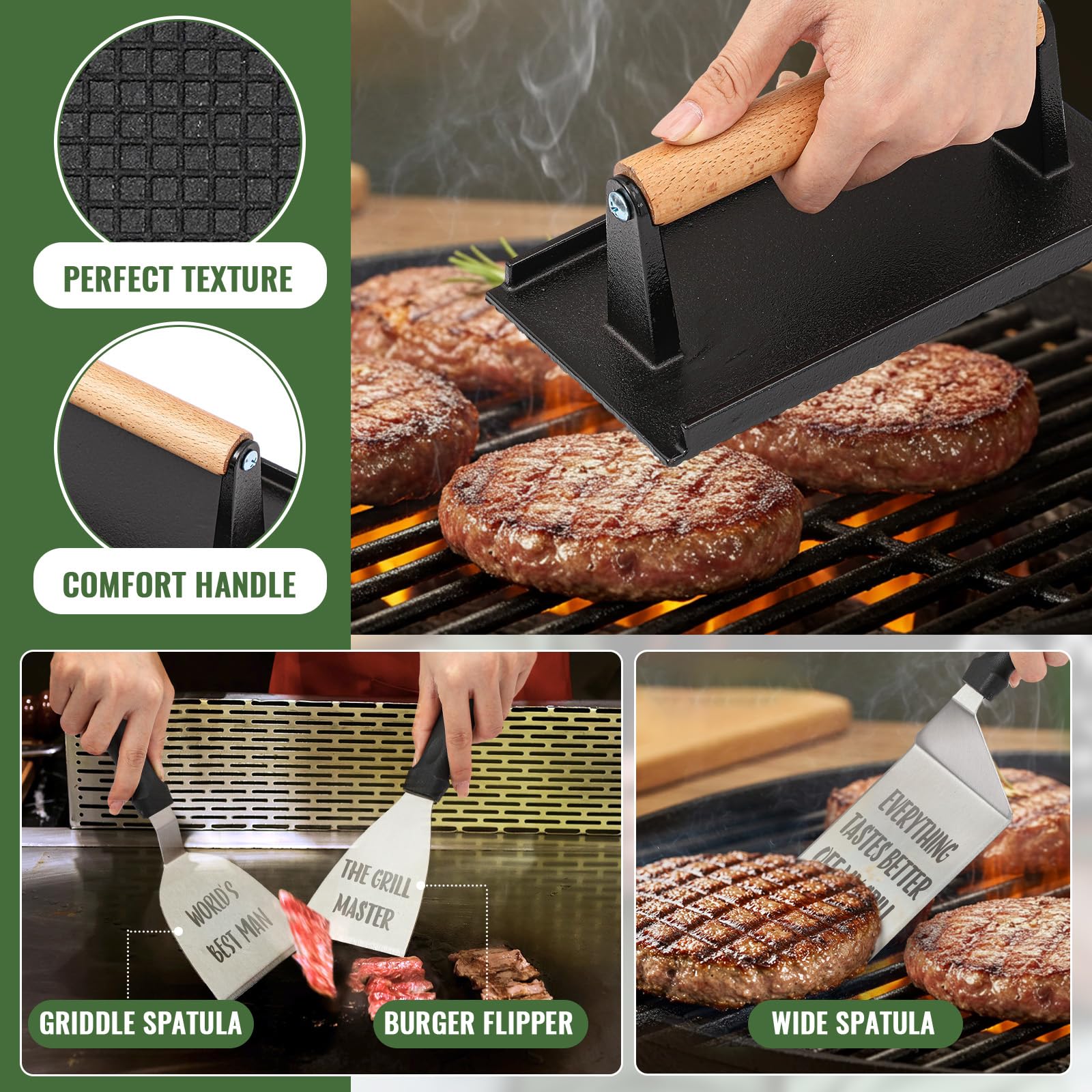 Boao Kit d'accessoires de cuisson pour homme, papa, mari, grand-père, accessoires de barbecue à dessus plat avec spatules élargies, tablier de barbecue et sac de transport, cadeaux de fête des pères
