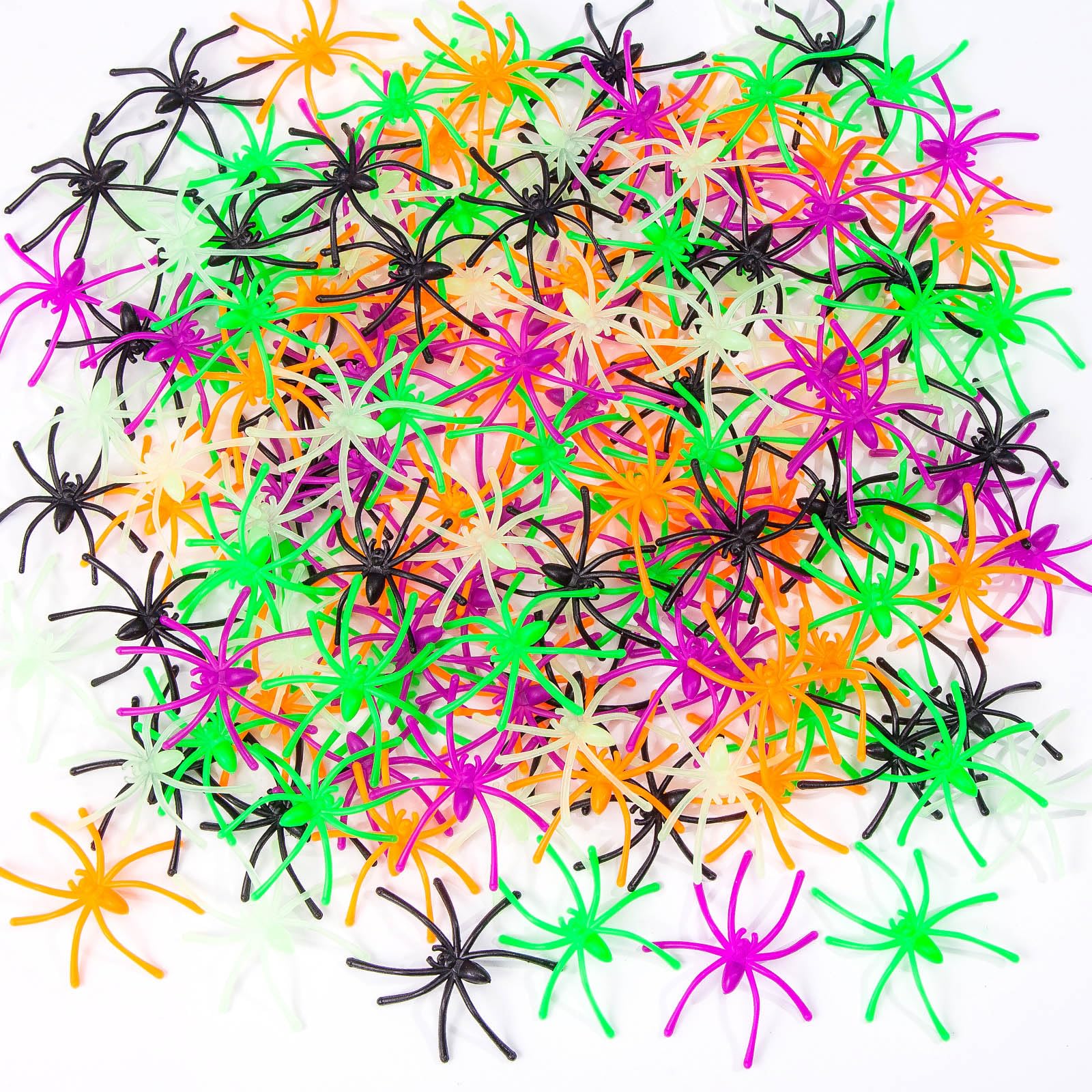 150PCS Plastic Spiders Halloween Small Plastic Spiders Fake Spiders Realistic Spider Toys Prank Props for Home and Party Decor, 2 x 1.8 Inches, Black, Green, Orange, Purple, Glow in The Dark Spiders
