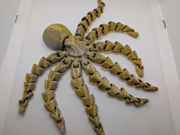 Flexible Articulating Octopus Figurine 3D Printed K E Kreations Solid Brown with White Suckers or Gold-Silver Beige Finish Sensory Fidget Aid for ADHD Autism Anxiety Desk Decor (Gold/Silver)