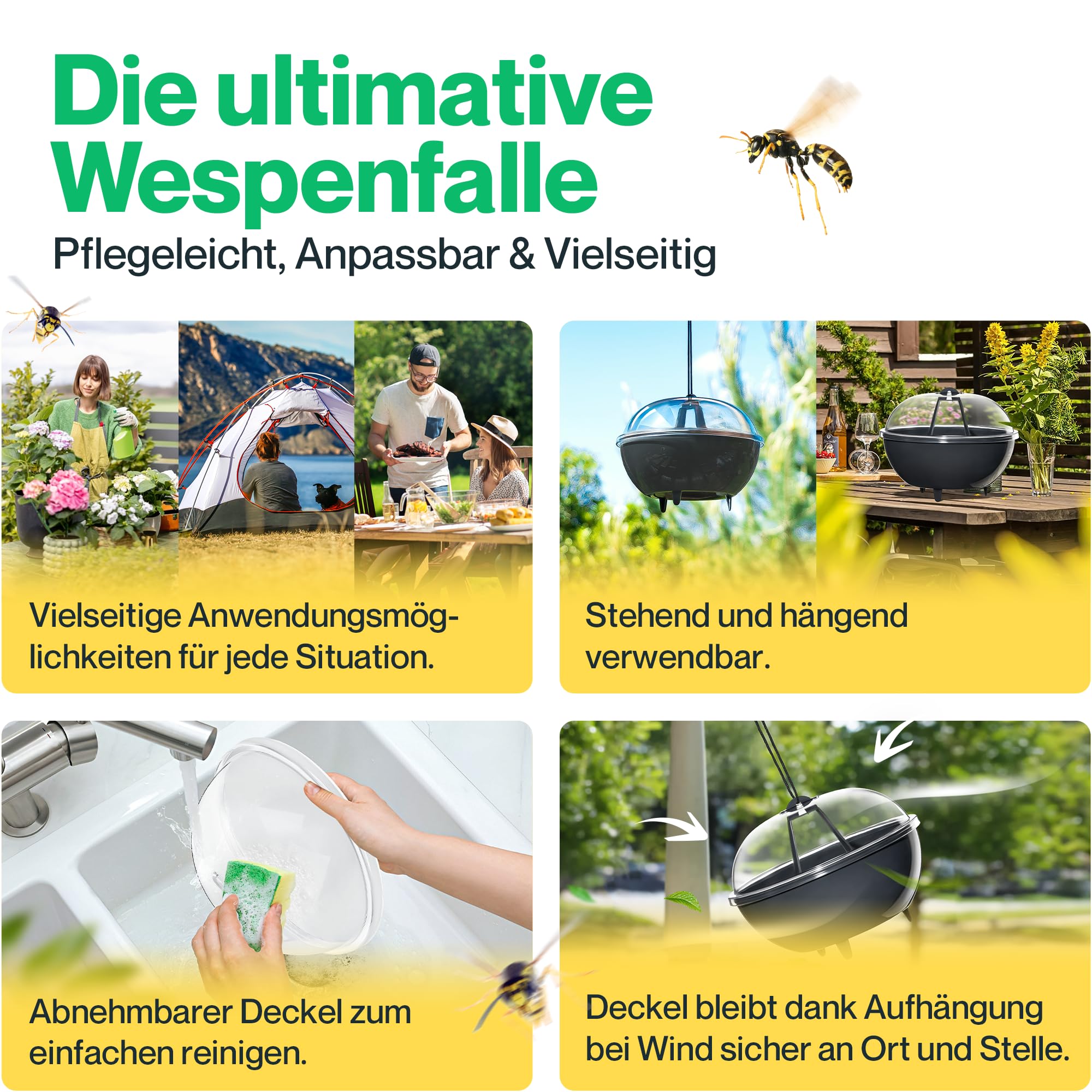 Wespenfalle 2er Set SummStop® – extra groß, ohne Gift & wiederverwendbar – Wespenfalle für draußen, Garten & Balkon – zum Aufhängen oder Aufstellen