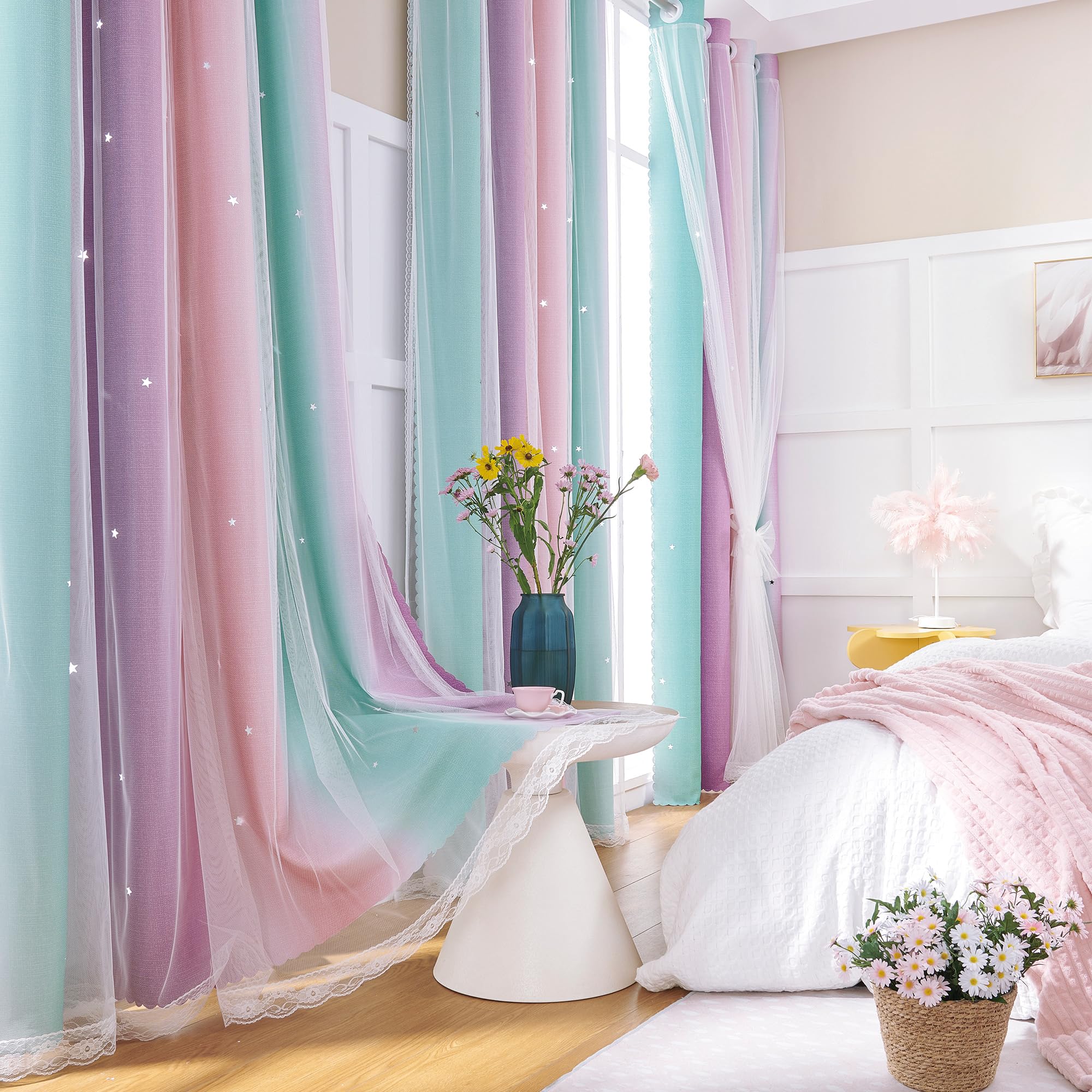 XiDi Curtains for Bedroom Decor, Rainbow PinkPuGreen-62-84