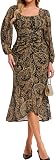 Ystguic Women Balloon Sleeve Ruched Smocked Black in Black and Brown Paisley