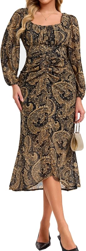 Ystguic Women Balloon Sleeve Ruched Smocked Black in Black and Brown Paisley